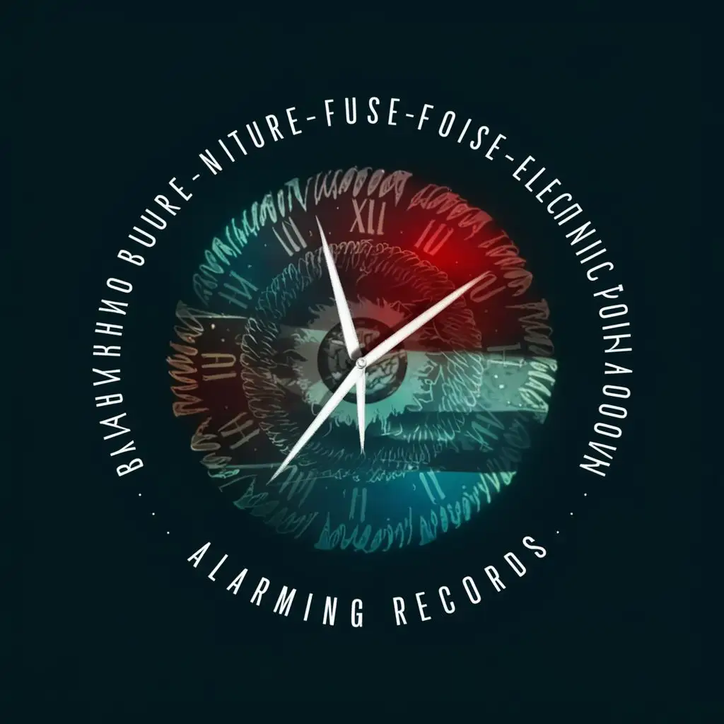 logo, Time, with the text "Logo of a music label curating blackened-future-noise-electronic-folk-doom-music called alarming records.", typography, be used in Entertainment industry
