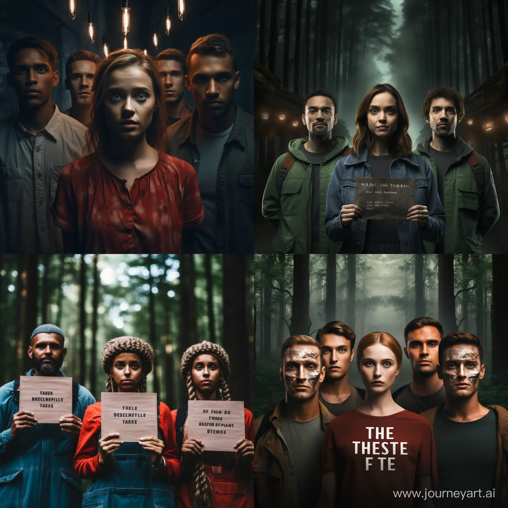 Serene-Forest-Gathering-with-Four-Individuals-Holding-Test-Signs