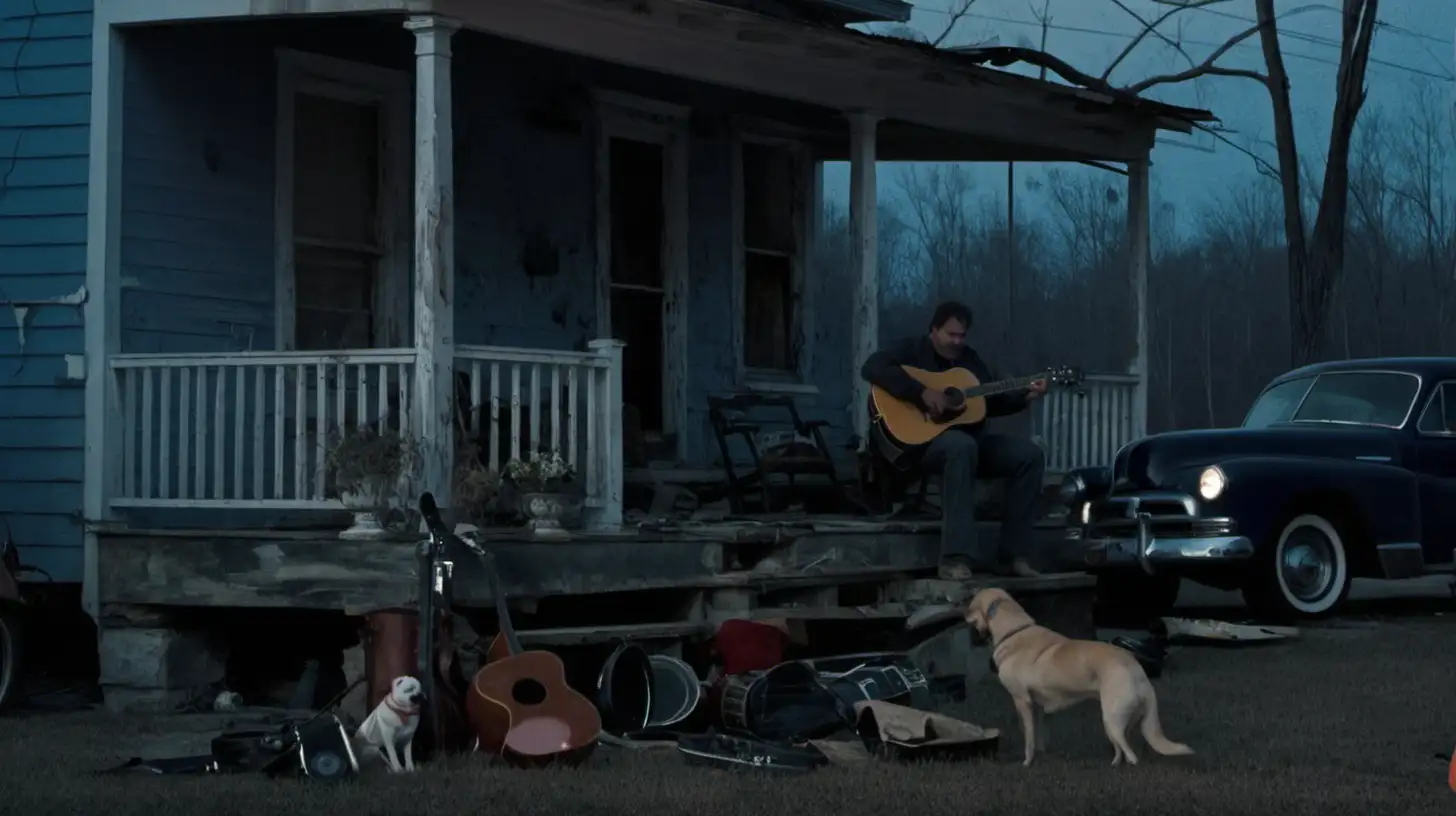 man with guitar and dog sitting on a dilapidated porch at dusk surrounded by several old cars