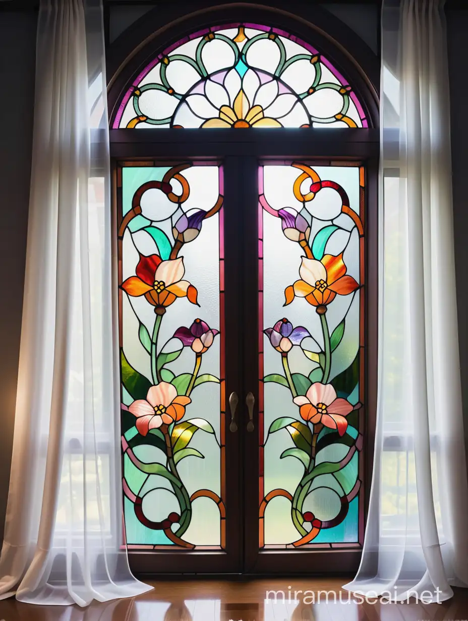 витраж цветочные узоры на окне, из цветного стекла тиффани, на фоне штор из белой органзы