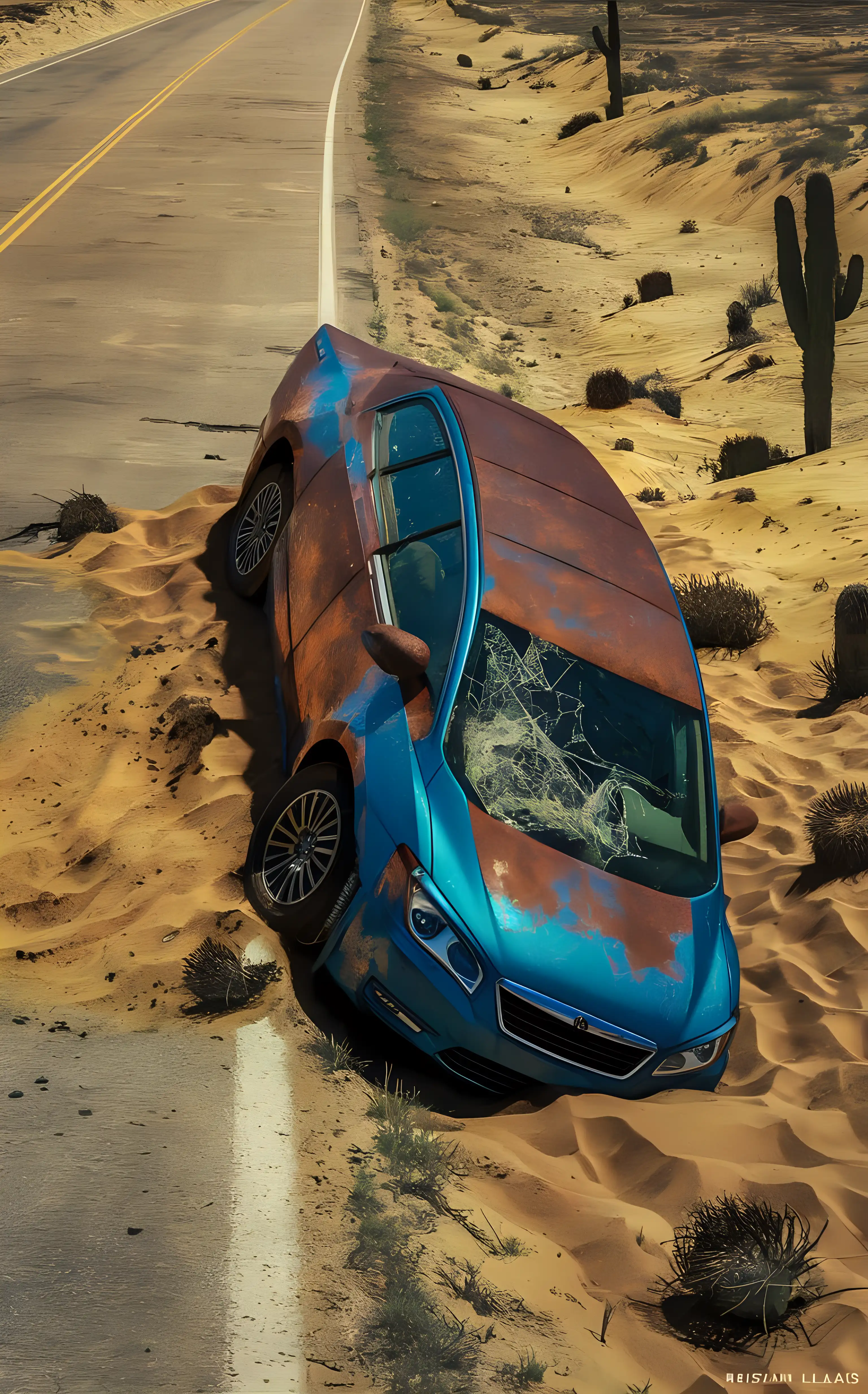 post-apocalypse, focus on a texas desert road, with rusty abandonned blue 2013 sedan on the side of the road, using Kristian Llamas style, no texte