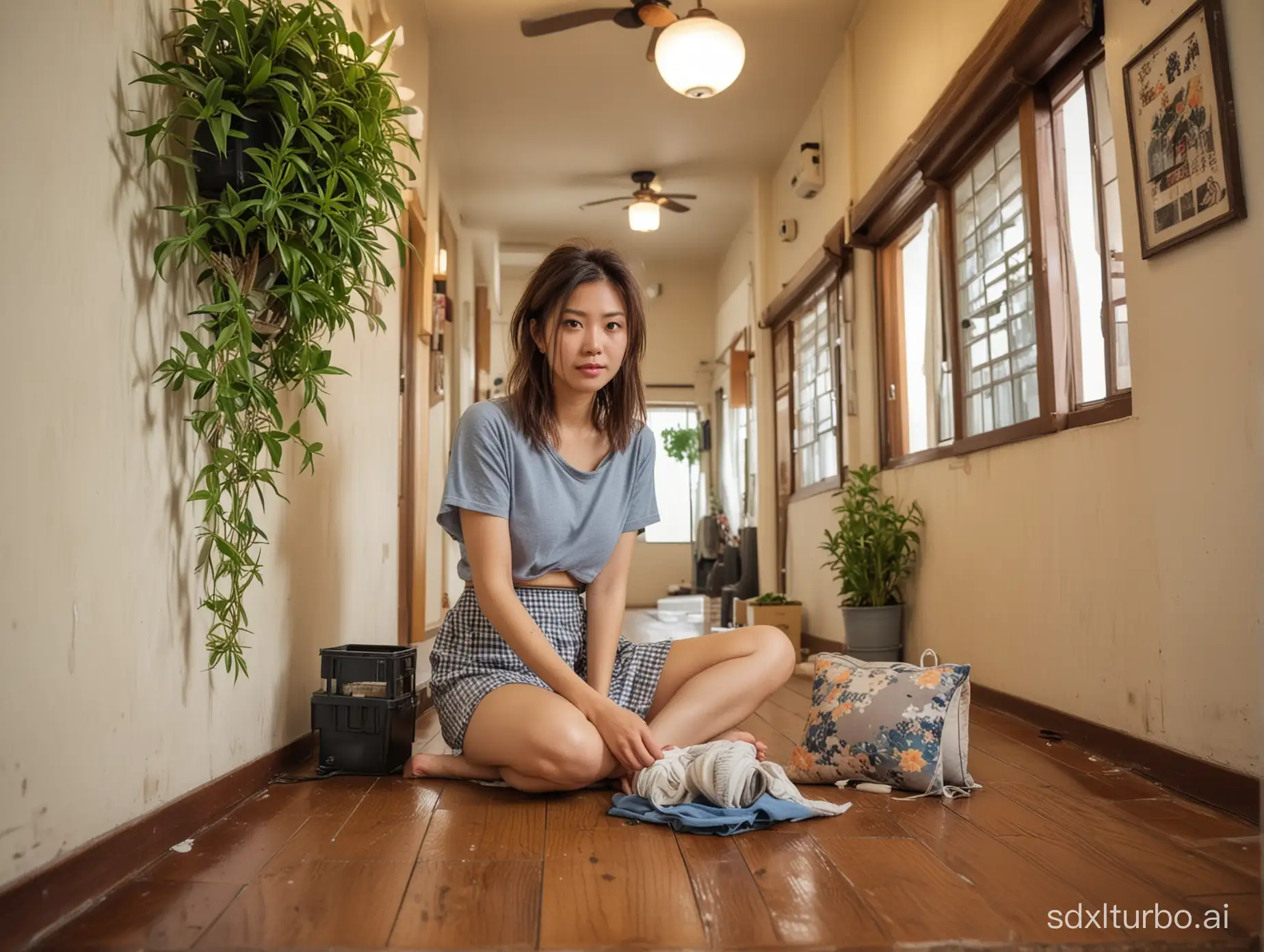 Using GOPRO camera style to generate a photo, a photo of a 28-year-old Taiwanese woman with messy hair. She looks a bit focused. She is in a Japanese-style corridor, with a small electric fan, mosquito coil, slippers, lantern, and some small potted plants. Beside the Japanese-style corridor is a Japanese garden with flowers and plants, and it's raining outside. The woman is wearing a casual skirt, barefoot on the wooden floor, reading manga, holding a pillow.