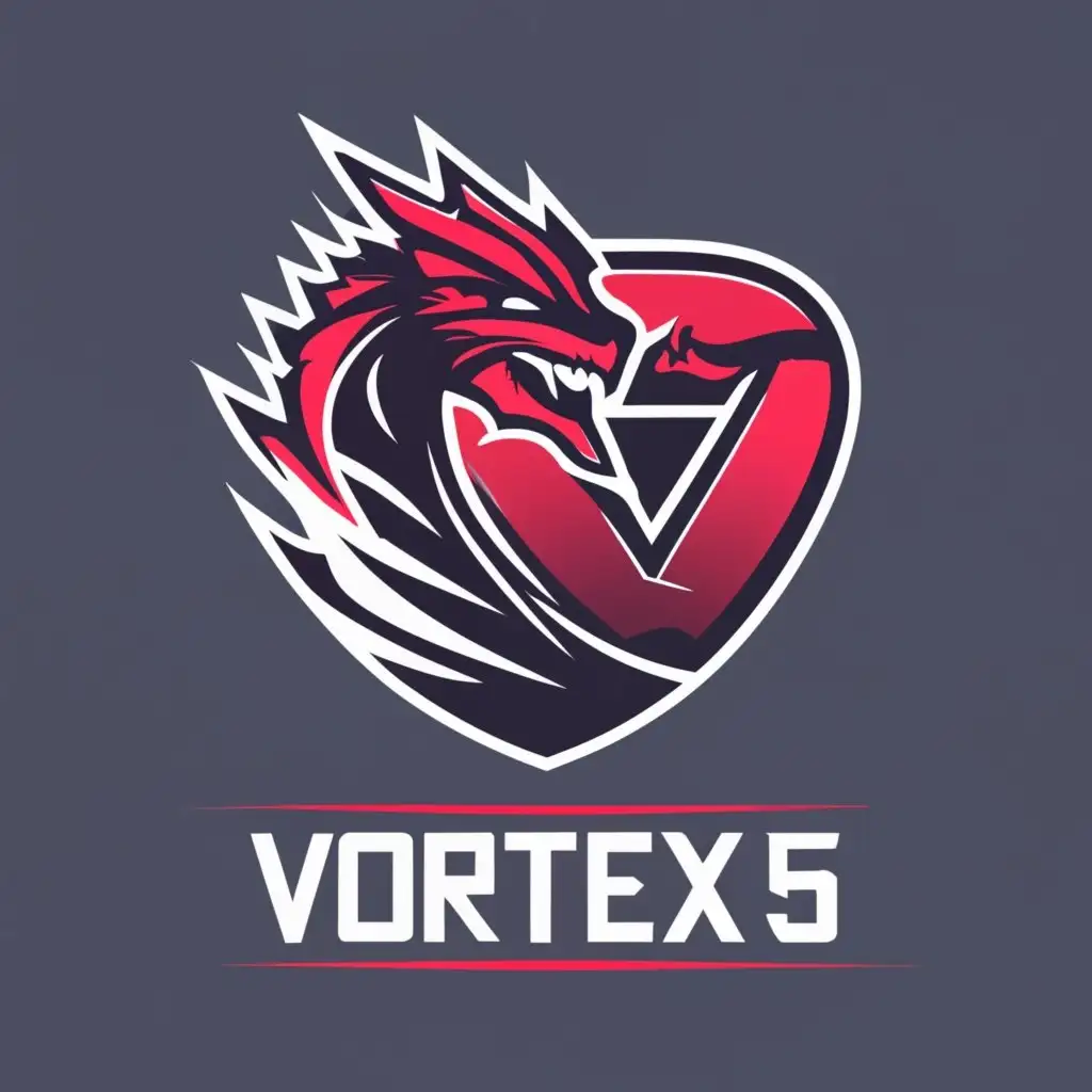 Create an esport logo for a team named Vortex5. Design the logo as a V5 and place the full team name below it. Use blood red and obsidian black color scheme. Write "VORTEX5" beneath the actual logo in a clear, minimalistic font. Add the spelled-out version of "VORTEX5" above the logo's icon., with the text "VORTEX5", typography, be used in Internet industry, add a dragon, Make V5 more visible, make logo more minimalistic and modern, make it look more dominant, league of legends, MAKE VORTEX5 POP OUT OF THE LOGO MORE, make it seem omnipotent, and ferocious, LCK, FAKER, MINIMAL, Mysterious