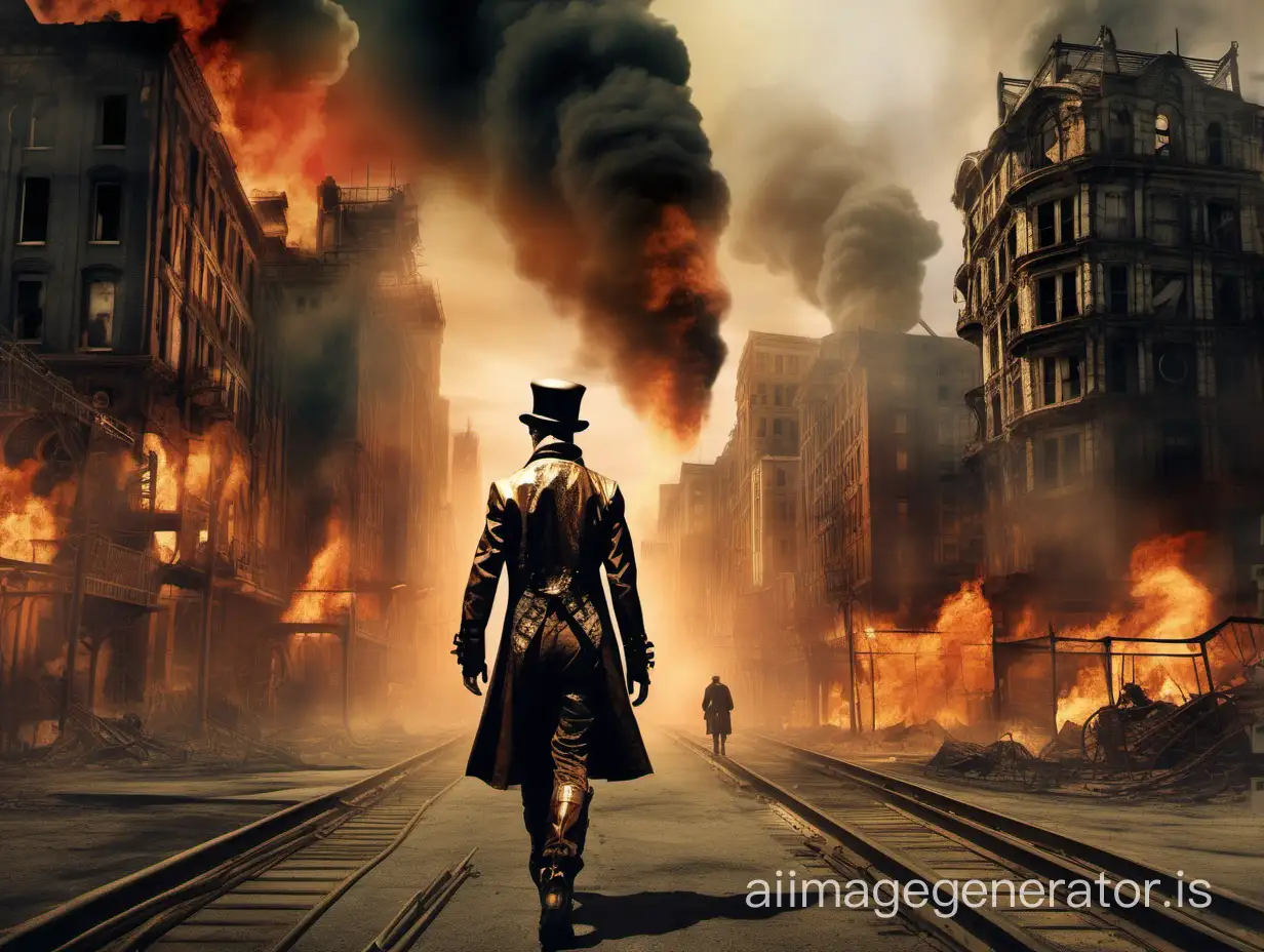 steampunk style of a man walking through a desolate city on fire