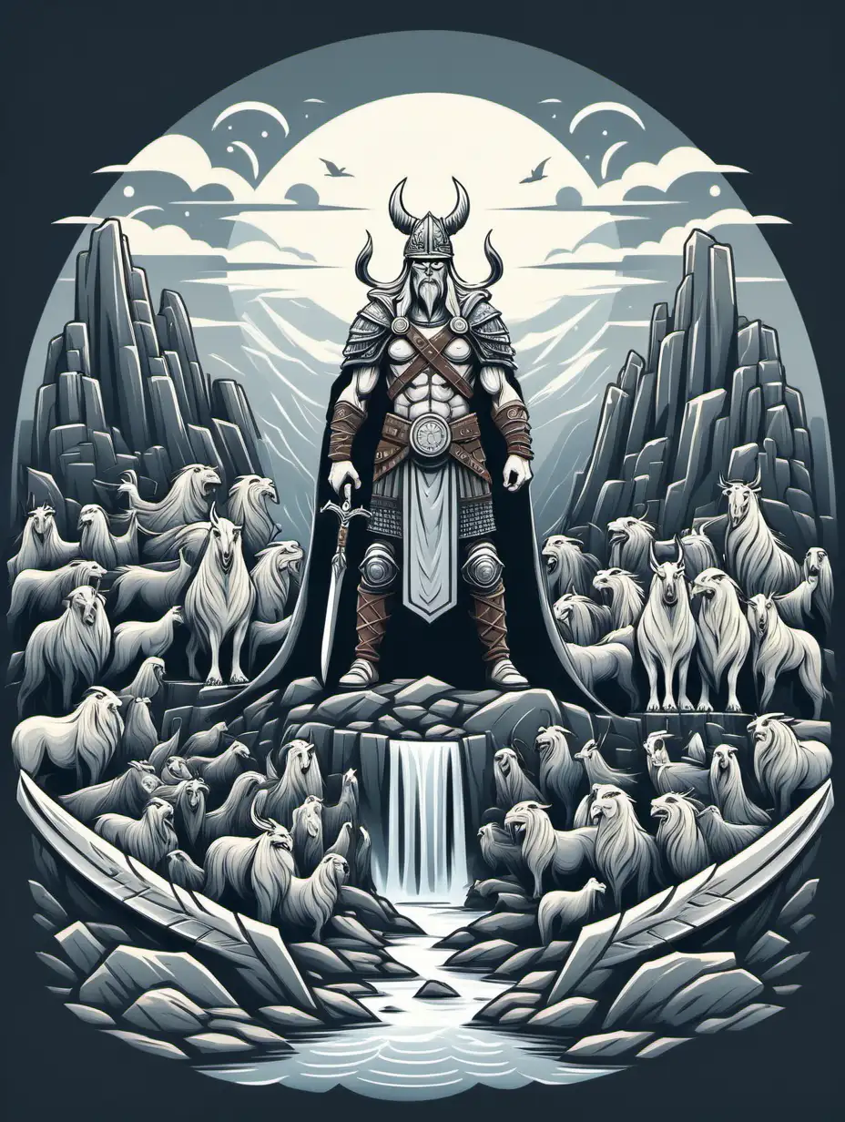Vector Flat Colour Illustration of Valhalla in Whites and Greys