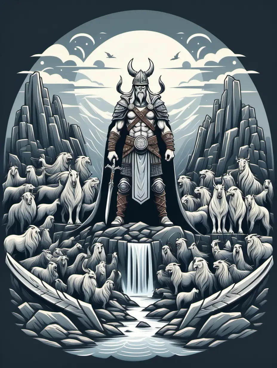 vector flat colour illustration of Valhalla in whites and greys