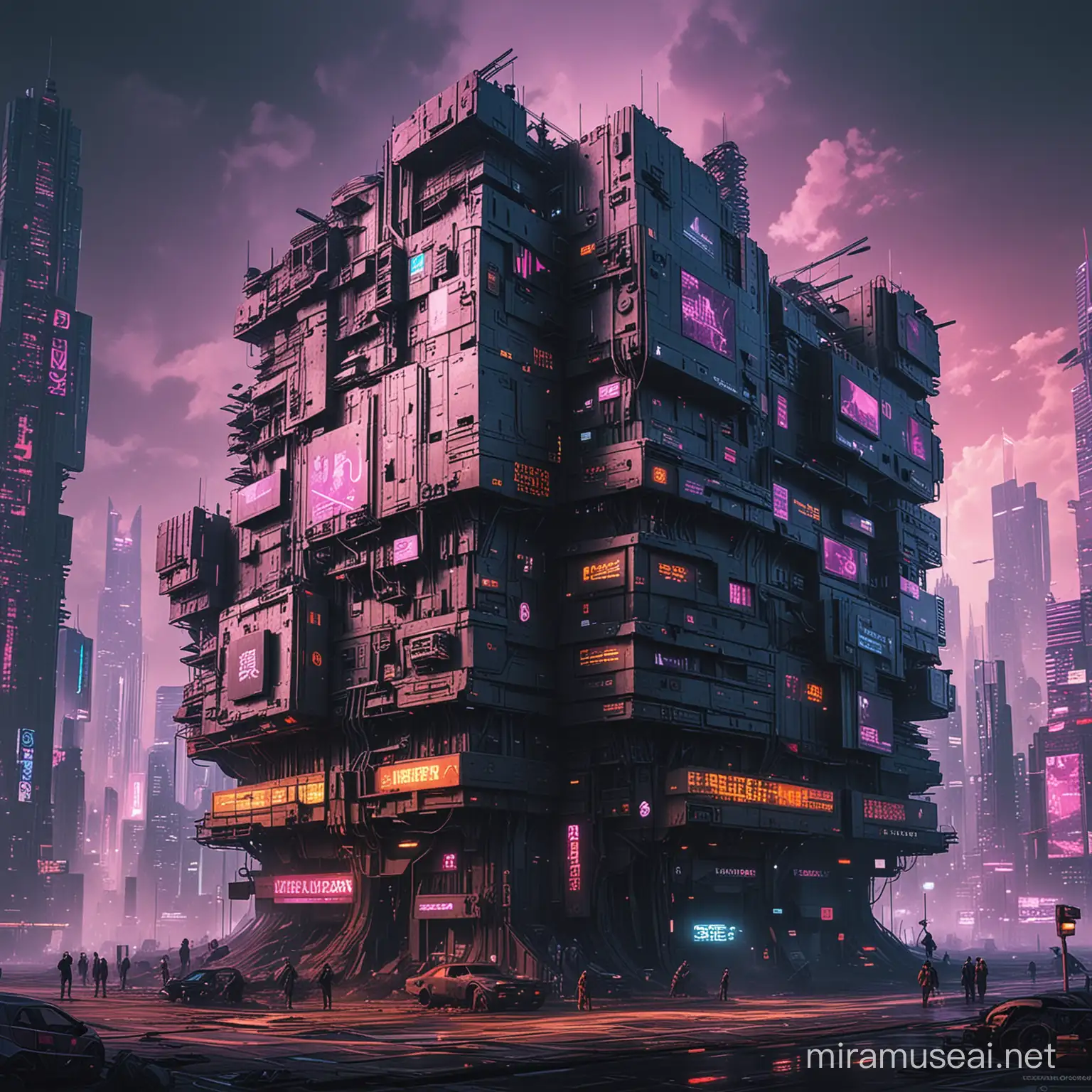 Futuristic Cyberpunk Cityscape Neonlit Houses Amidst Electronic Beats