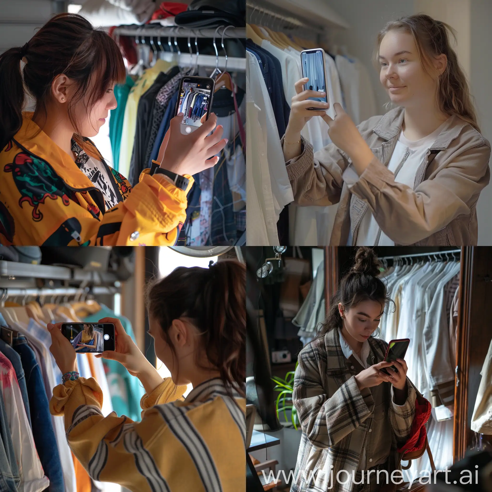 a young woman taking a photo of her clothes with iphone