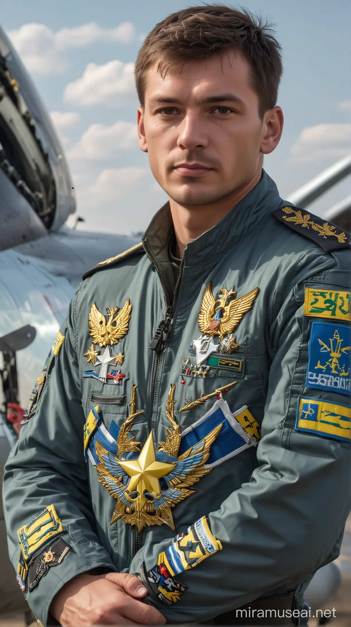 Ukrainian Air Force Pilot Standing beside SU27 Fighter Jet