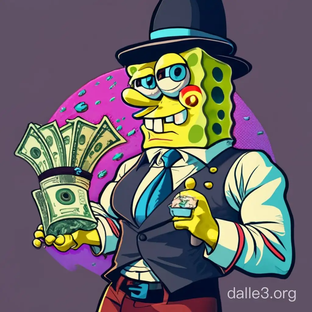 spongebob is a mafia boss holding a diamond ring and a stack of cash in disney art style