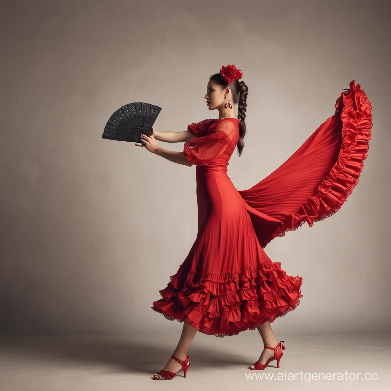 Женщина танцует танец фламенко, в руке женщины веер, на женщине красная длинная юбка, в волосах гребень, на ногах туфли на каблуке