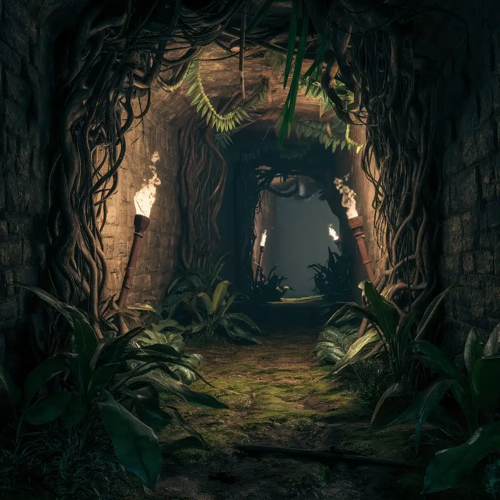 night scene dark medieval tunnel with jungle roots and plants coming out from the walls and ground