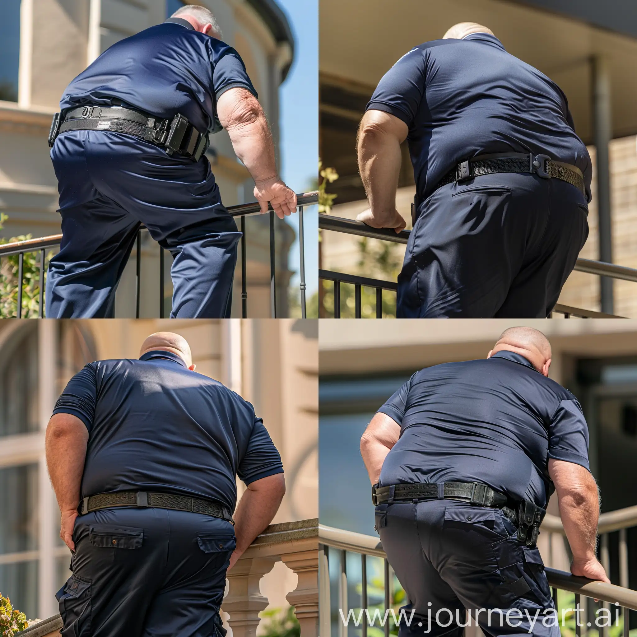 Back view photo of a fat man aged 70 wearing silk navy blue security guard battle pants and a tucked in navy silk sport polo shirt. Heavy black tactical duty belt. Bending forward over a balustrade. Outside. Natural light. --style raw --ar 1:1
