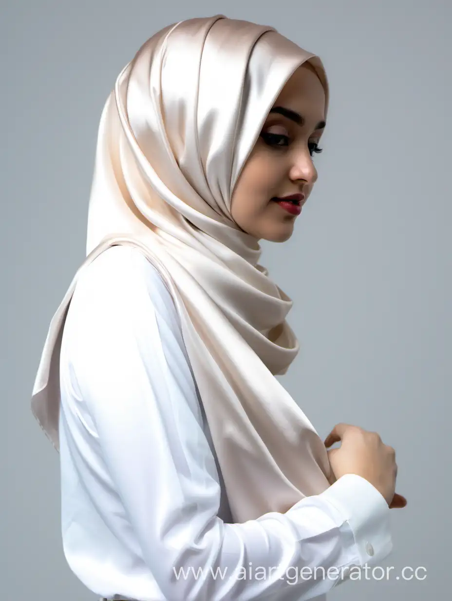 девушка в атласном хиджабе молочного цвета в белой рубашке со спины