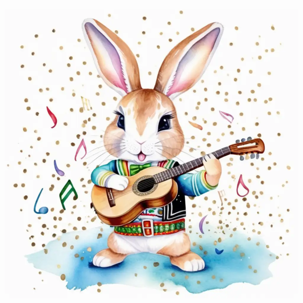 Adorable Baby Rabbit Mariachi Wrestler Amidst Vibrant Mexico Confetti Watercolor Illustration