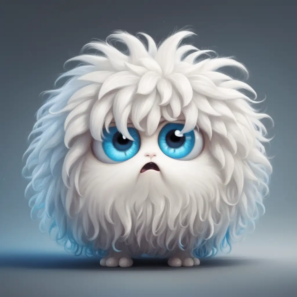 cute round fluffy white creature with long fluffy hair, googly blue eyes sad