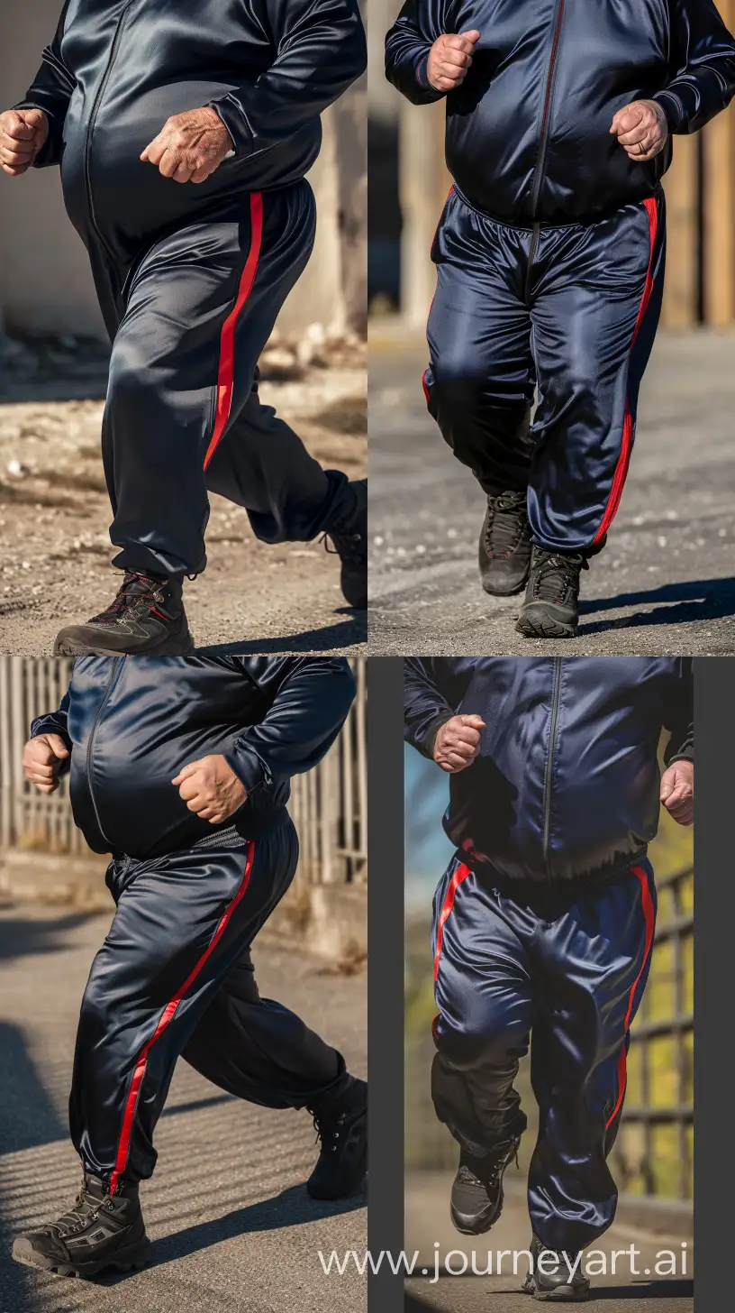 Portrait close-up photo centered on the chest of a chubby man aged 70 wearing a silky navy tracksuit. Red vertical stripe on the side of the pants. Black Hiking Boots. He is running. Direct Sunlight. Bald. Clean Shaven. Outside. --style raw --ar 9:16 --v 6