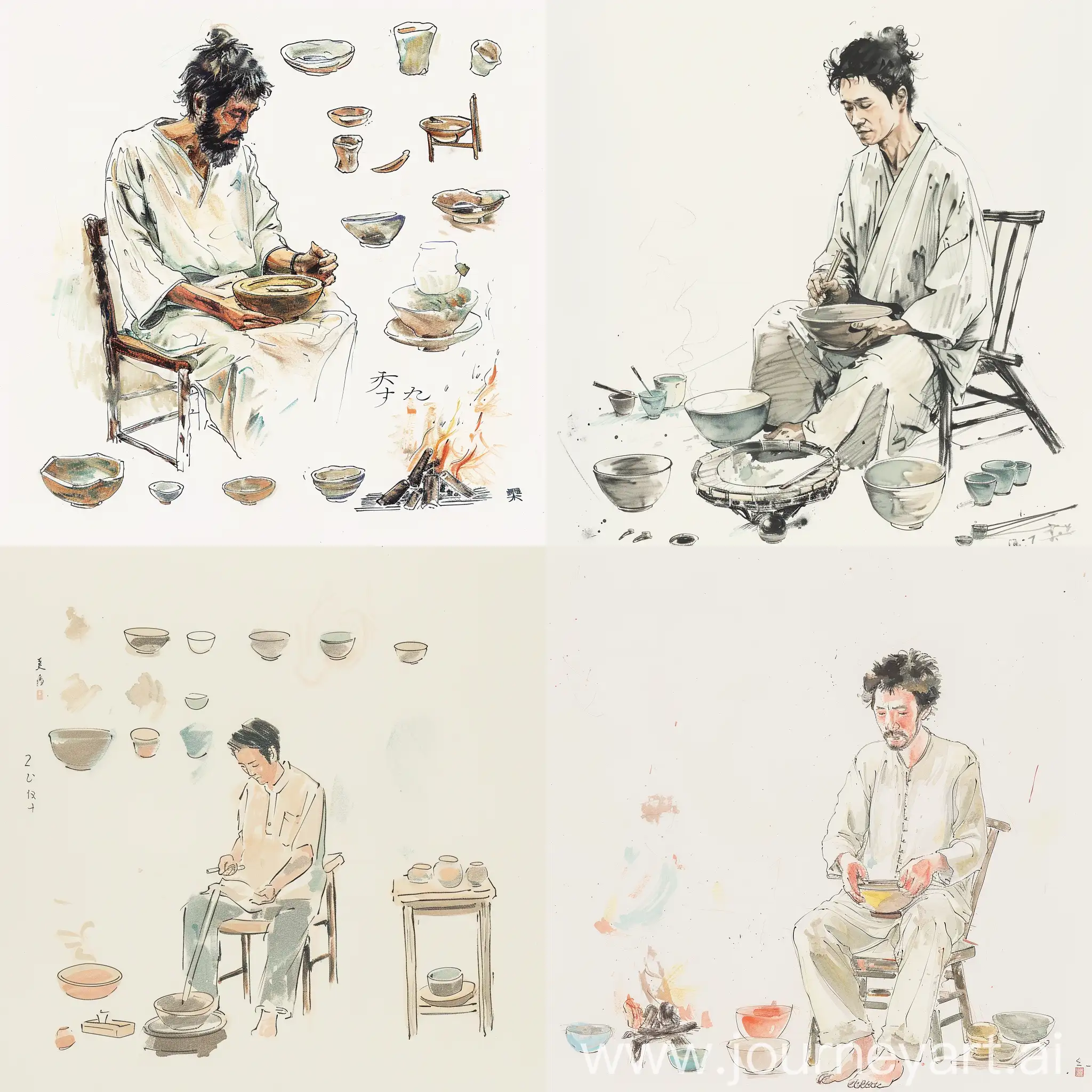 Artist type sketch of a potter in soft pastel colors, ((Japanese man)) in soft pastel colors on a white background, sitting on a chair and looking intently, making this bowl. A made (charcoal) brazier) and various bowl shapes in the style of bowl works are placed. Various oils and watercolors in Matisse style, a peaceful scene of creative expression. Simple lines and flat colors, single line art illustration, sparse simplicity, Y2K
