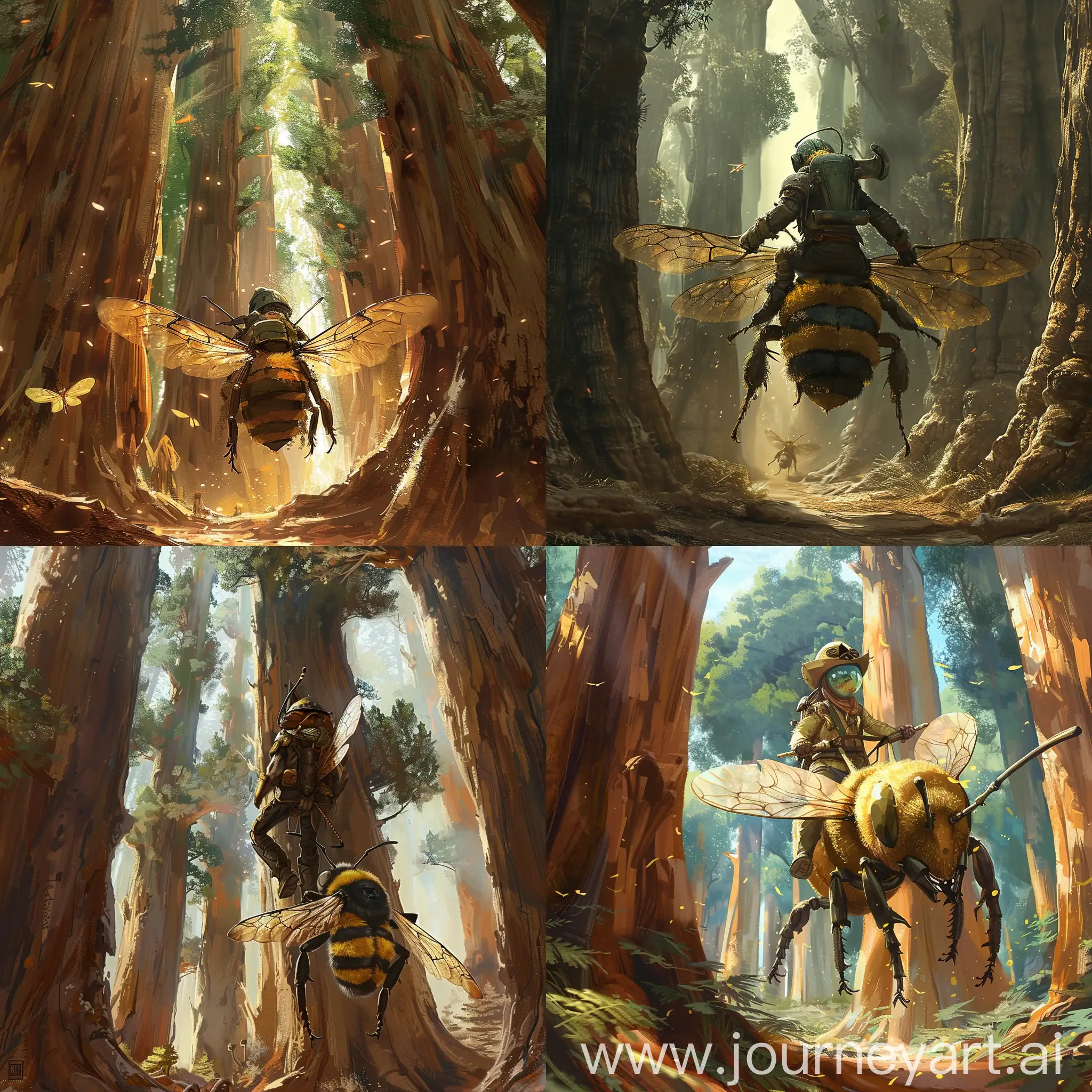 A fantasy explorer riding a giant bee through a forest of massive trees.