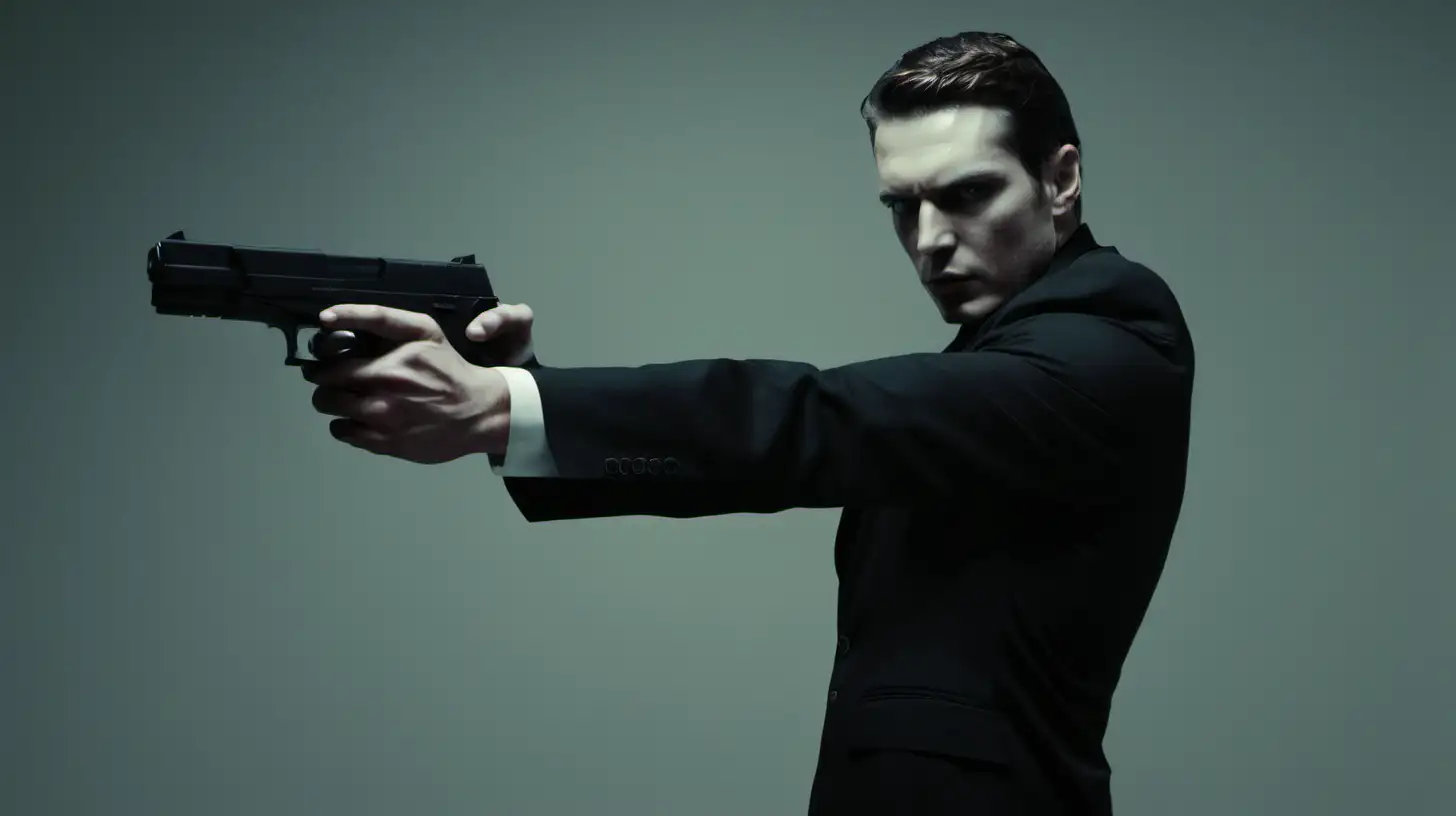 a man in black suits with a gun