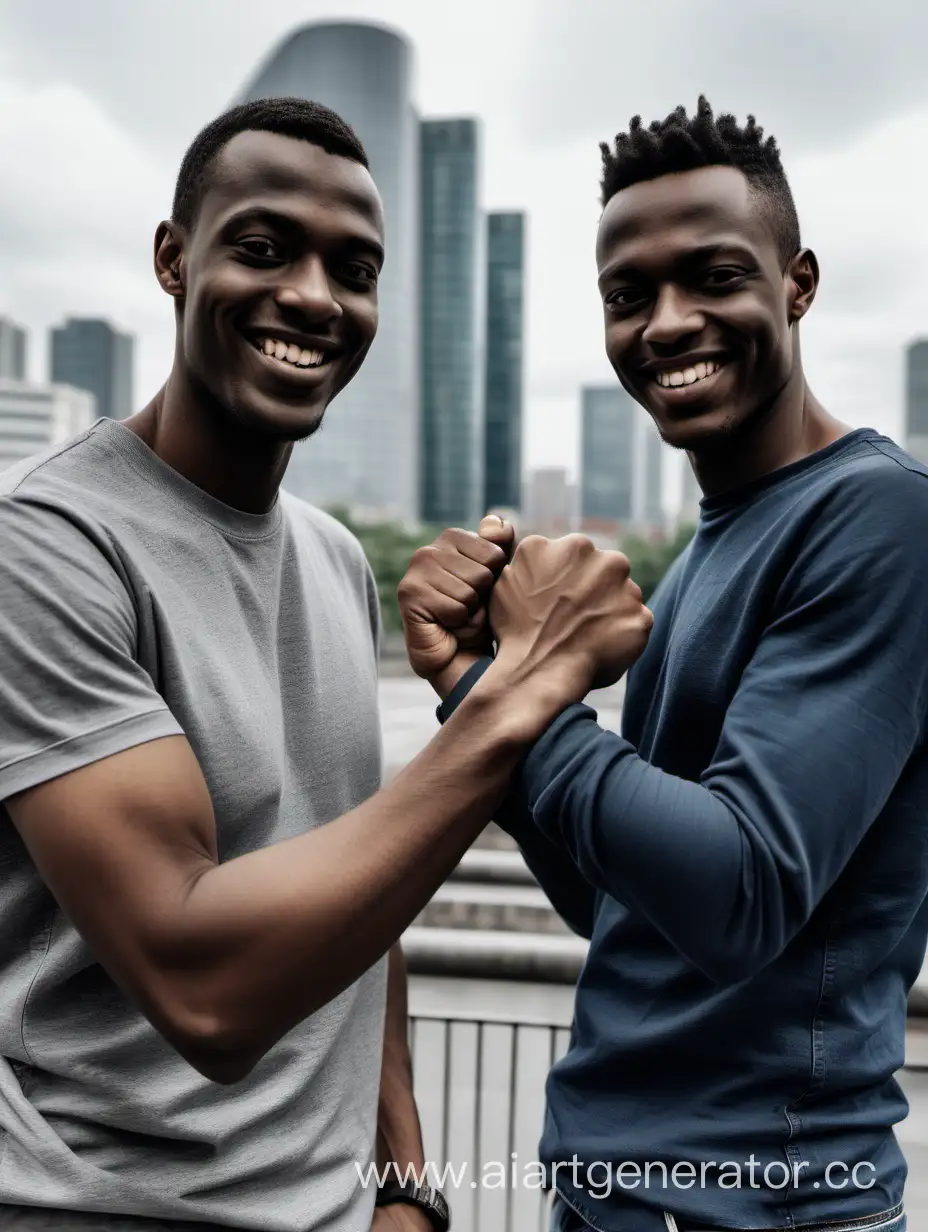 Friendly-Urban-Encounter-Smiling-Colleagues-FistBump-Against-Modern-Cityscape