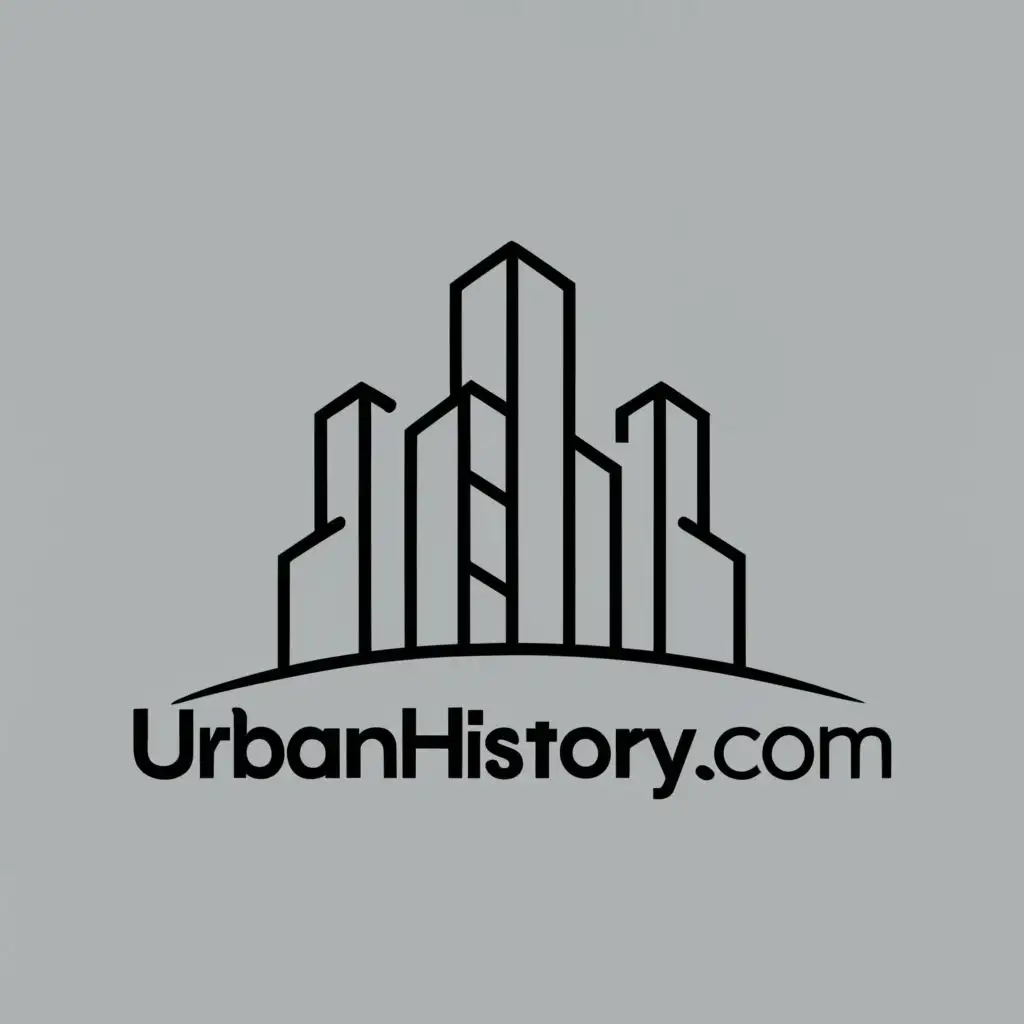 logo, black outline of skyscrapers; white background, with the text "UrbanHistory.com", typography, be used in Construction industry