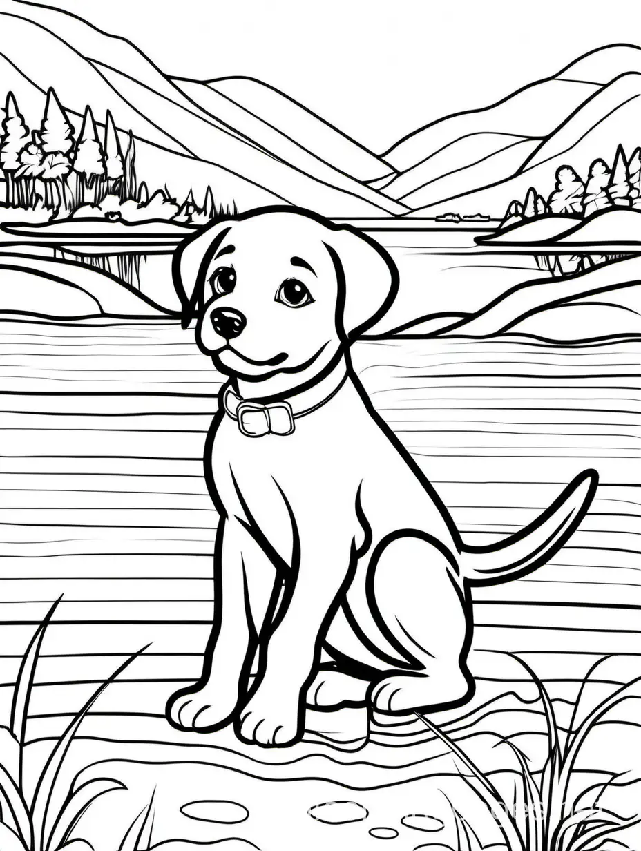 cute Labrador retriever puppy at a lake, Lisa Frank style, Coloring Page, black and white, line art, white background, Simplicity, Ample White Space. The background of the coloring page is plain white to make it easy for young children to color within the lines. The outlines of all the subjects are easy to distinguish, making it simple for kids to color without too much difficulty., Coloring Page, black and white, line art, white background, Simplicity, Ample White Space. The background of the coloring page is plain white to make it easy for young children to color within the lines. The outlines of all the subjects are easy to distinguish, making it simple for kids to color without too much difficulty