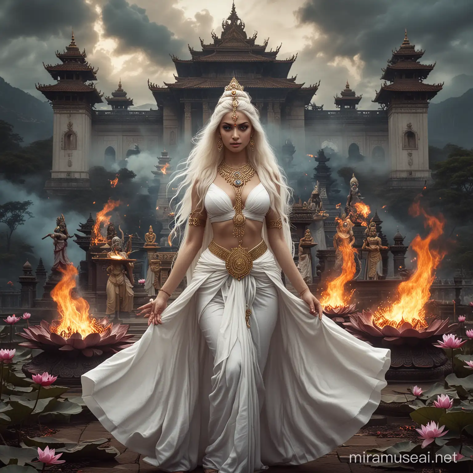 Empress Kayashiel Engulfed in Fiery Combat Amidst Demonic Hindu Goddesses