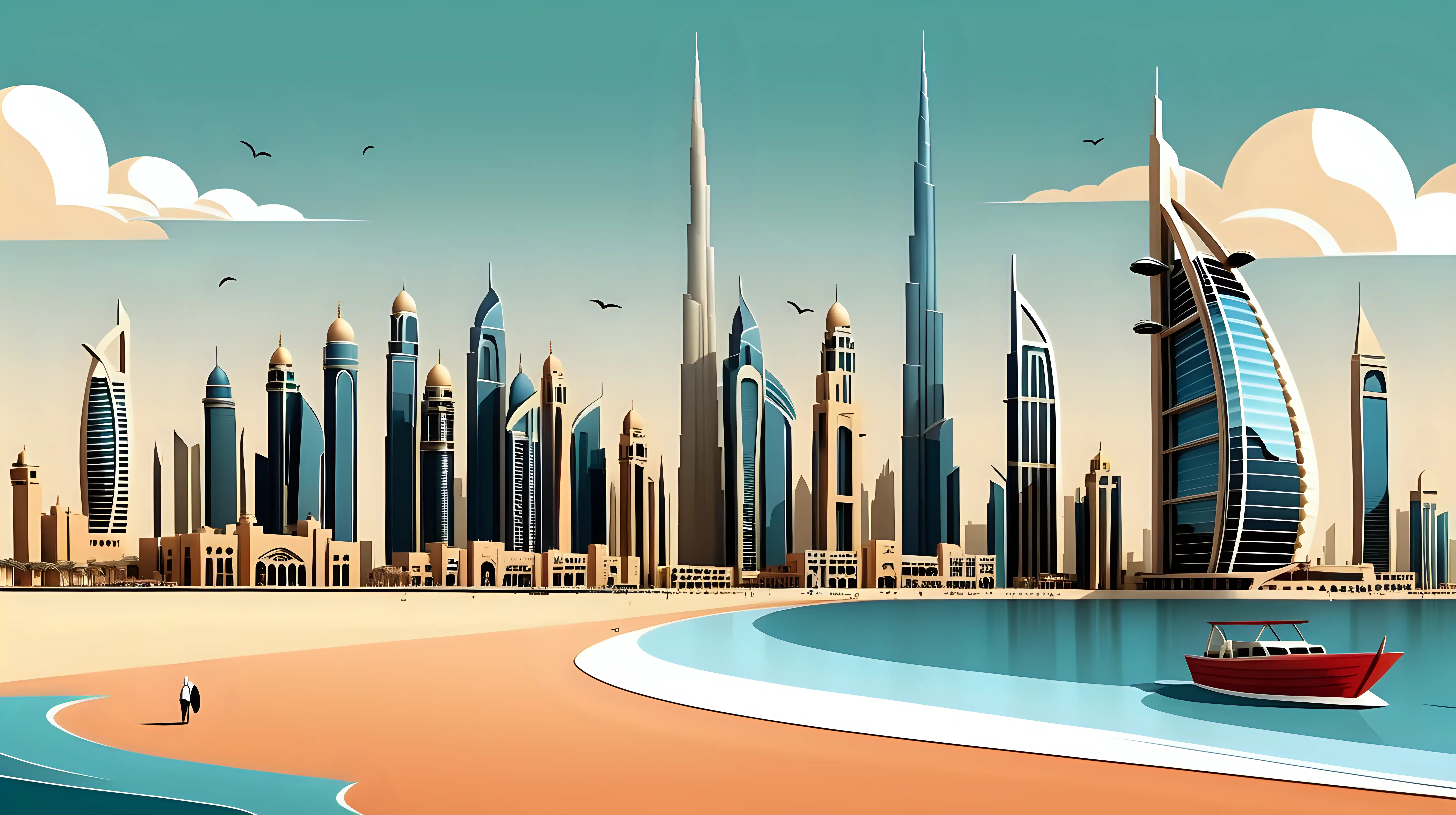 Cartoon Dubai Skyline with Tranquil Seascape