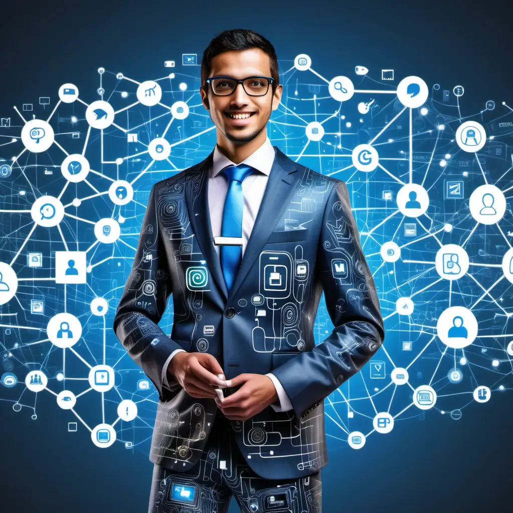 Depict a small business owner with a "smart" suit made of AI circuitry, confidently navigating through a digital landscape of social media icons, Google AdWords, and landing pages.