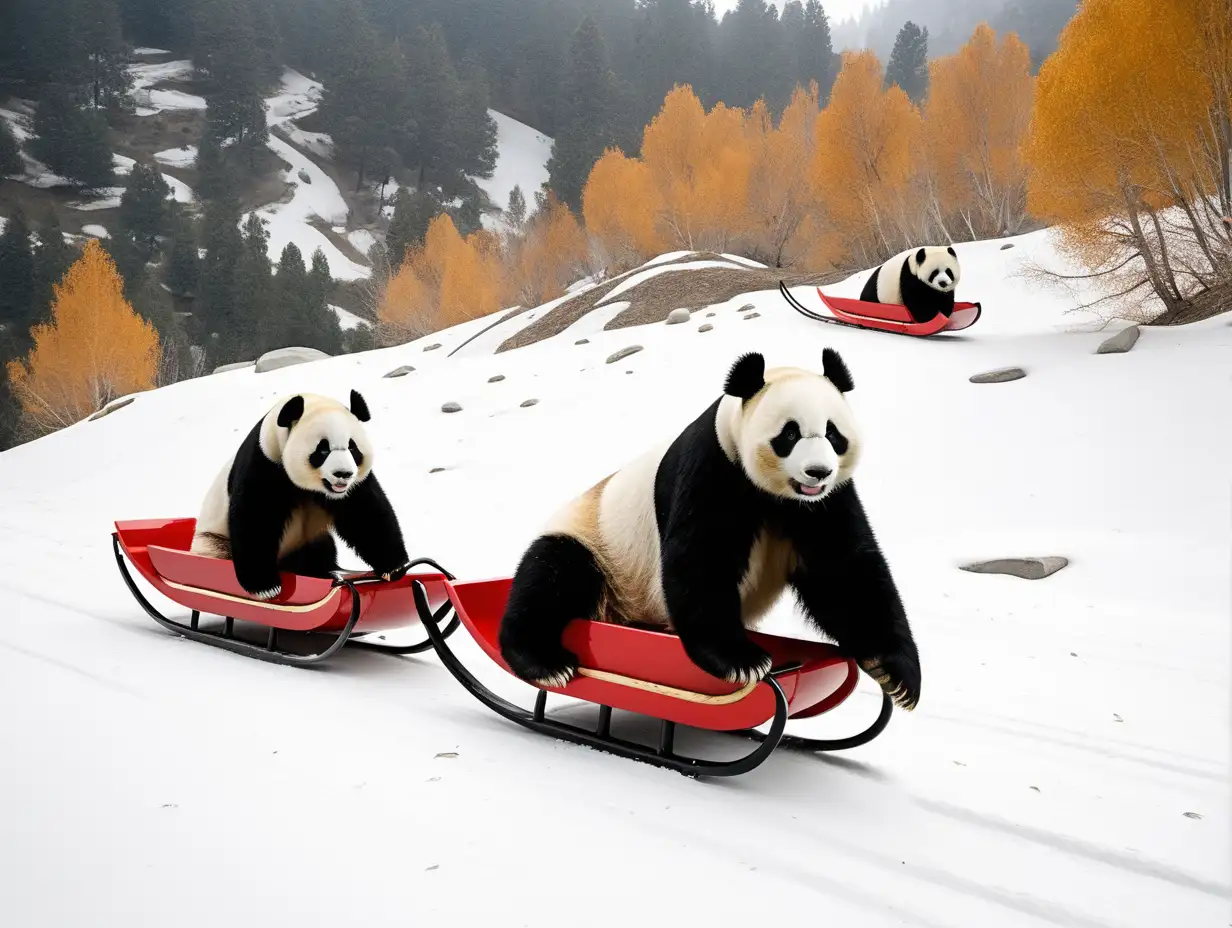 giant pandas riding on a snow sled down Bear Valley
