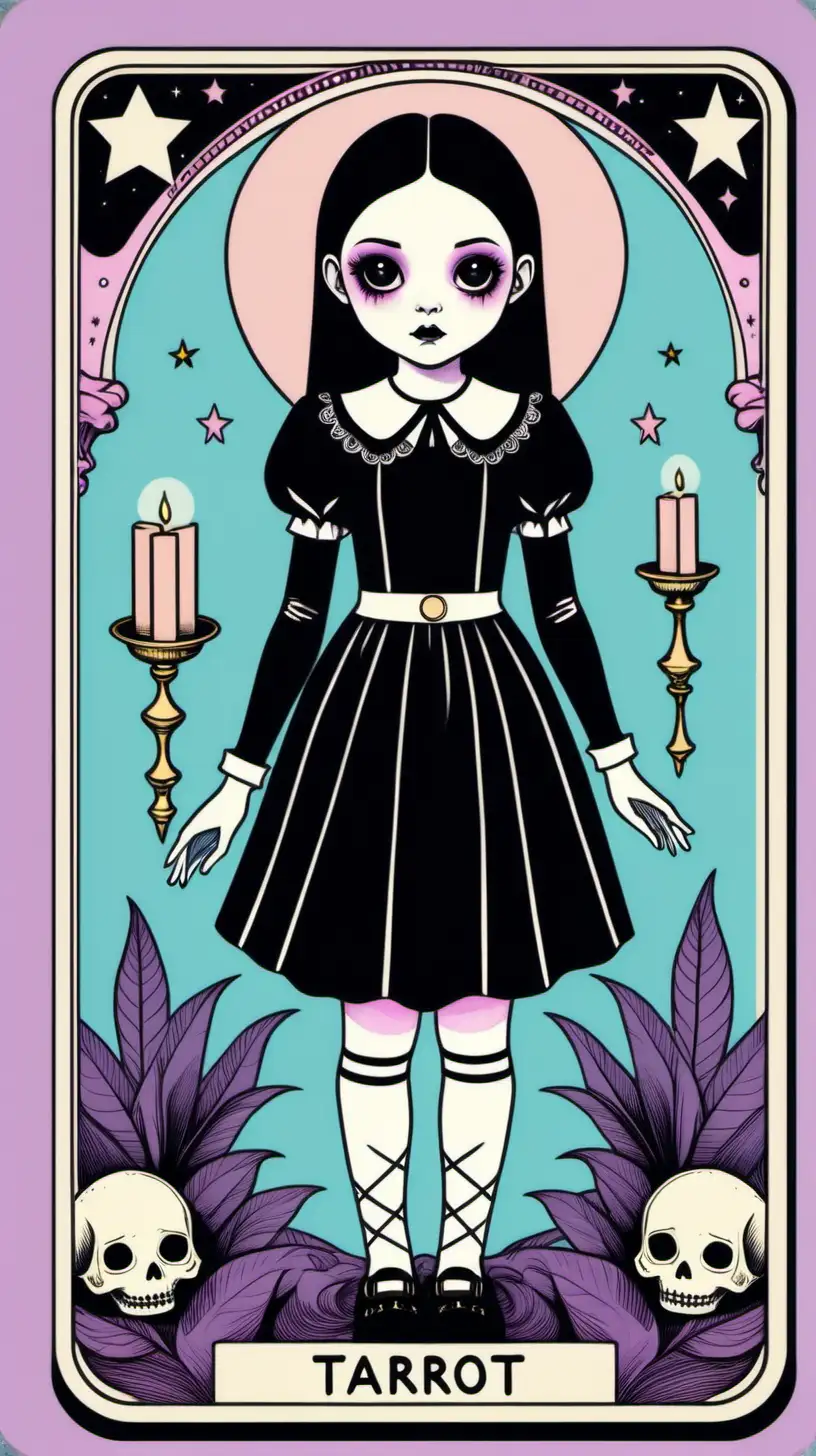 Vintage Tarot Card with Pastel Goth and Super Kawaii Wednesday Addams Vibes