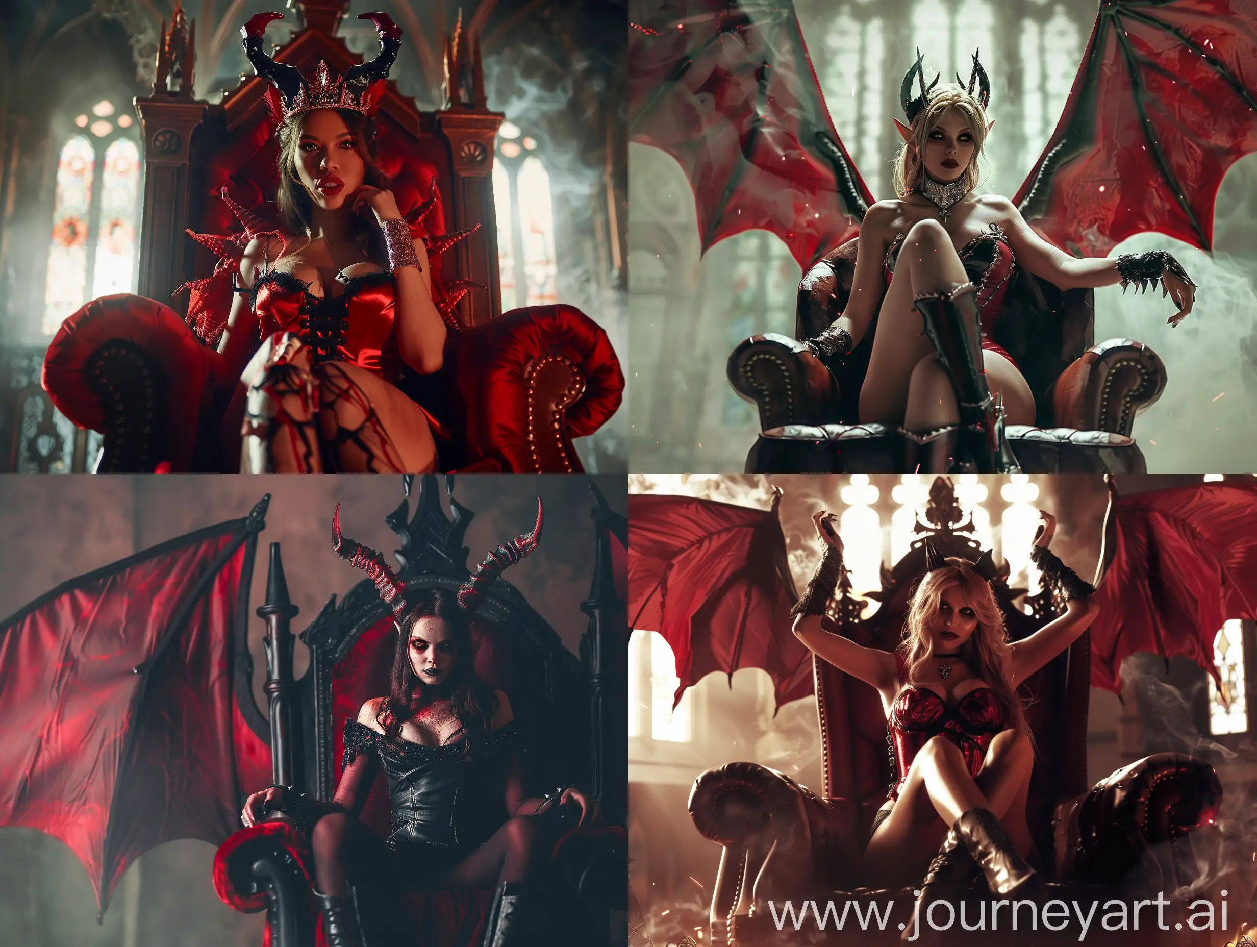 Seductive female demon queen specimen sitting on her throne thirsting for revenge in a cinematic and dramatic scene