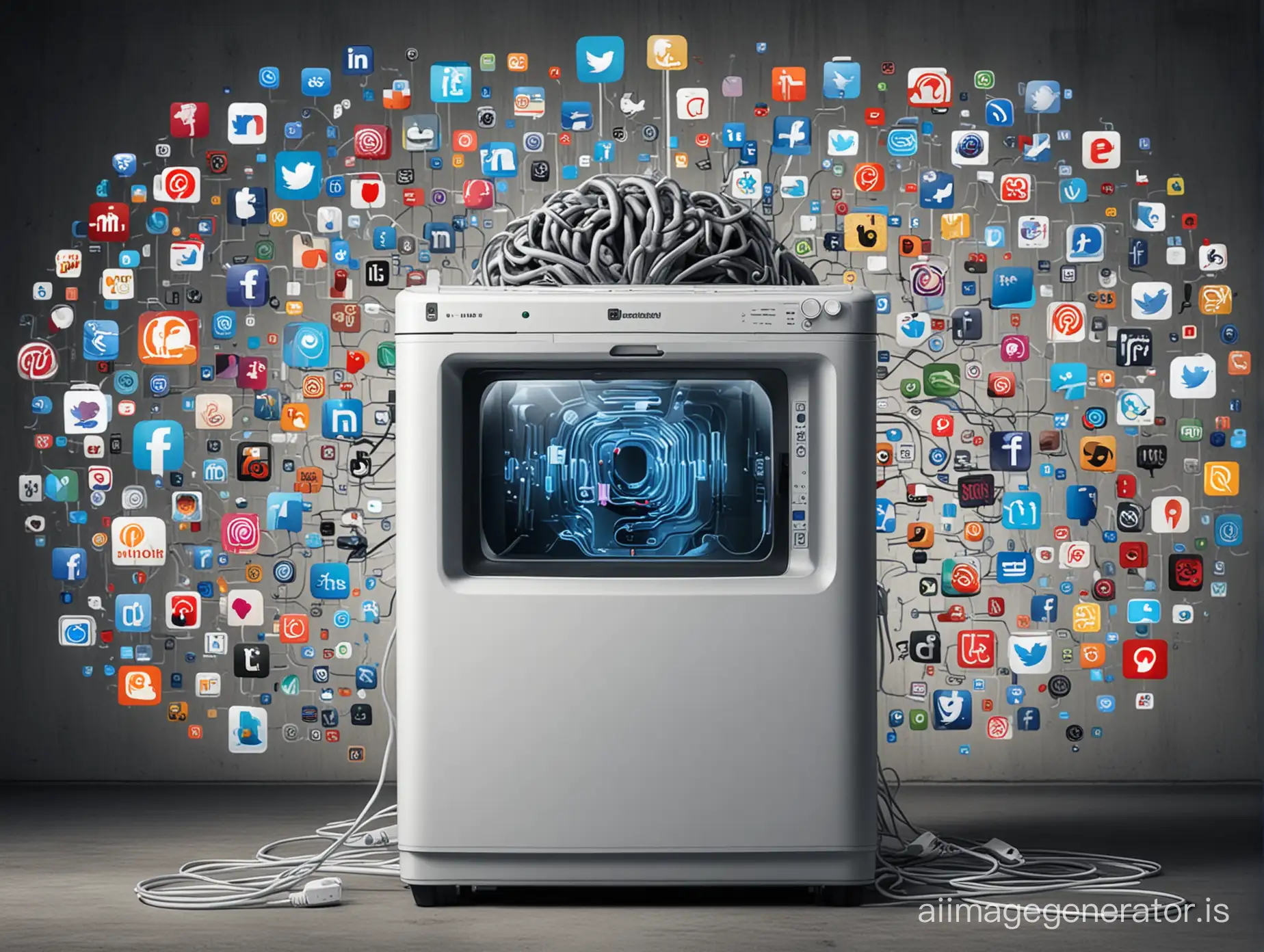A brainwashing machine surrounded by social media logos