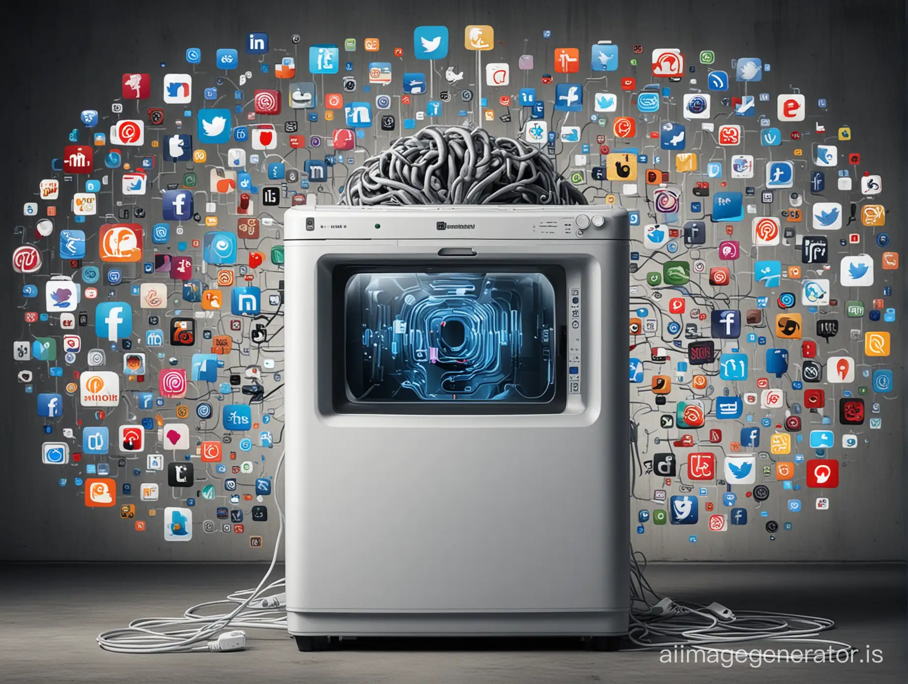 A brainwashing machine surrounded by social media logos
