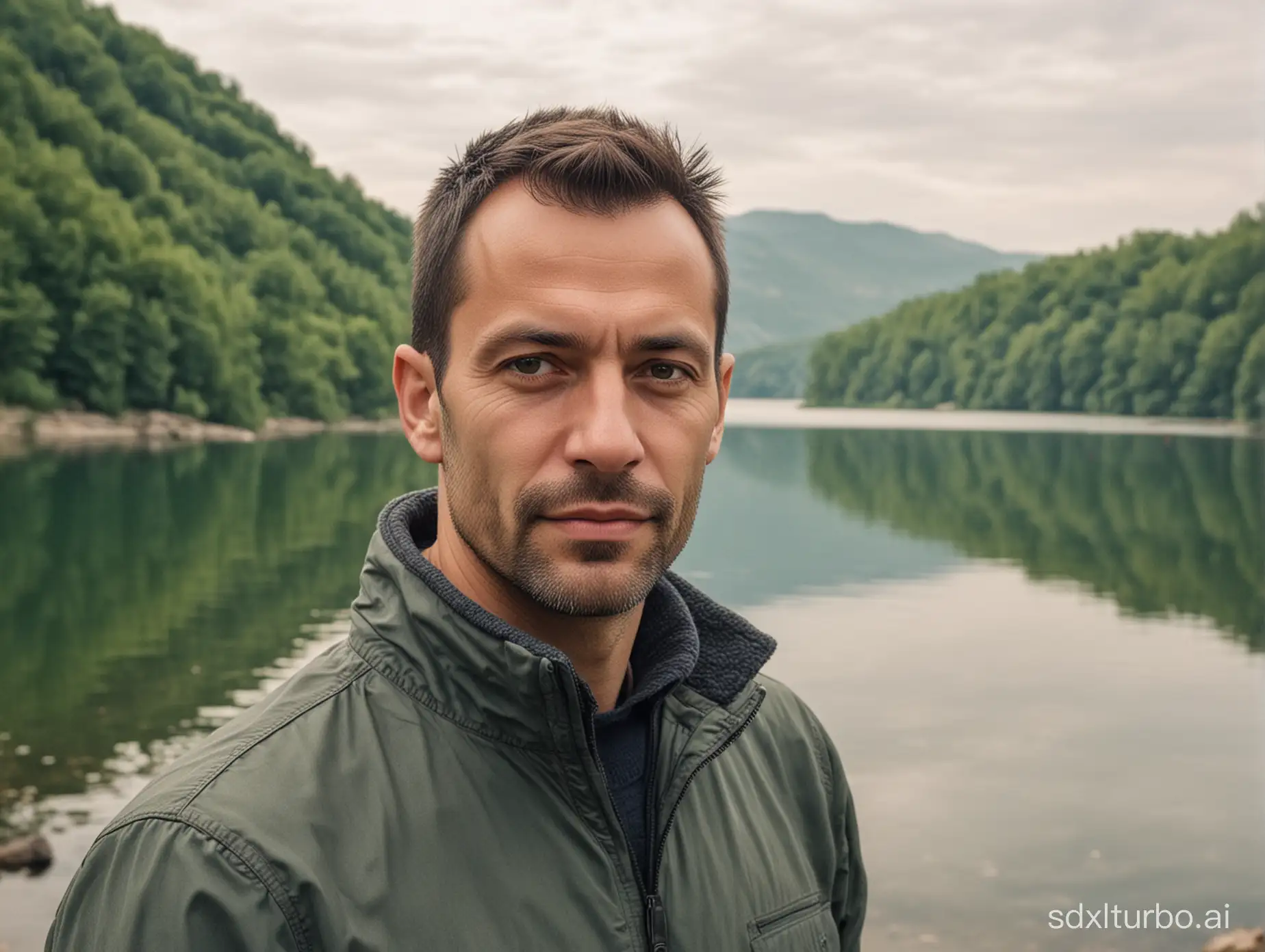 portrait of an Eastern European man in his thirties with a lake in the background