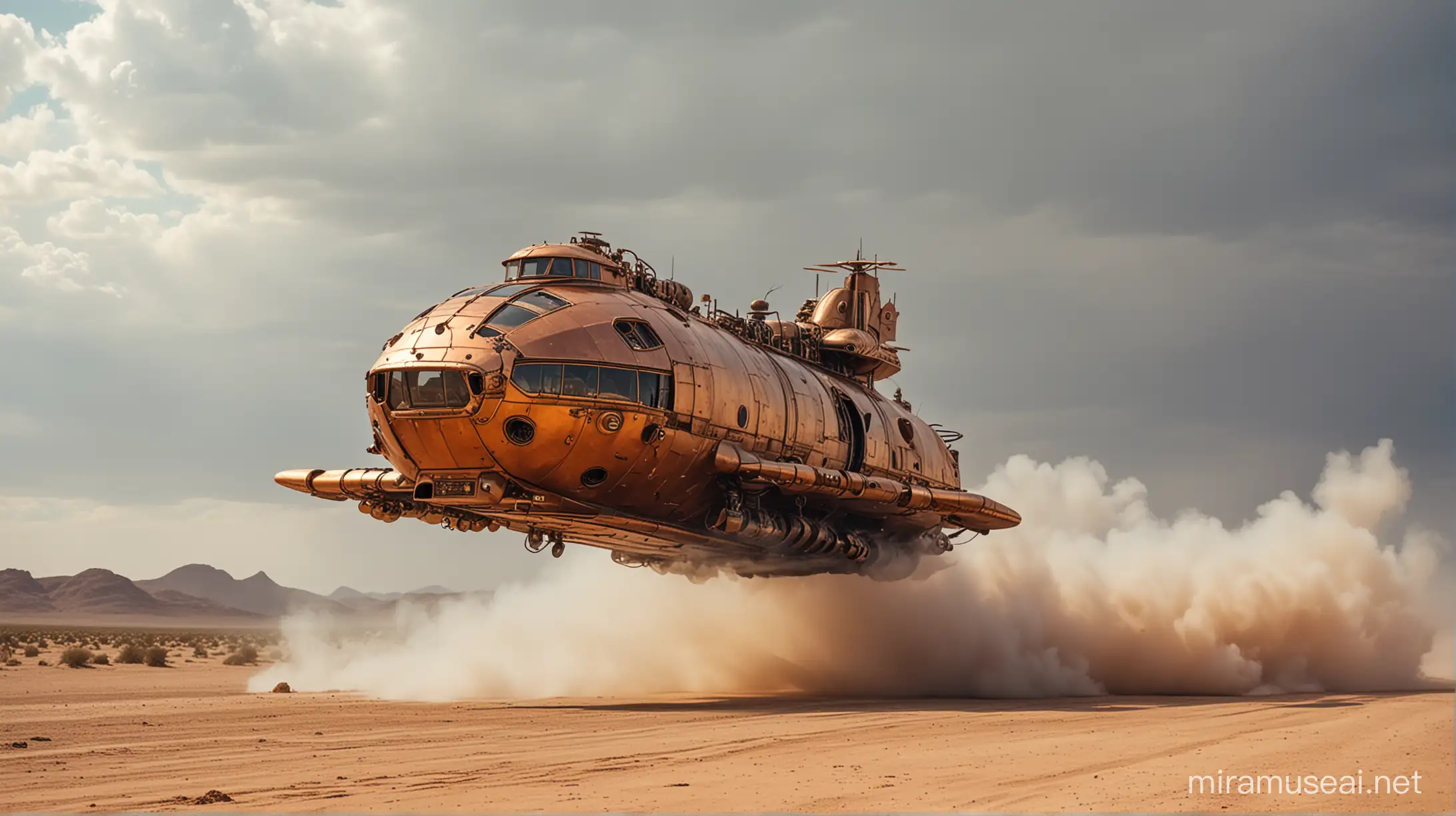 big steampunk hovercraft flies low over the desert, hovercraft made of copper and brass, steam, smoke, much sand in the air, cloudy