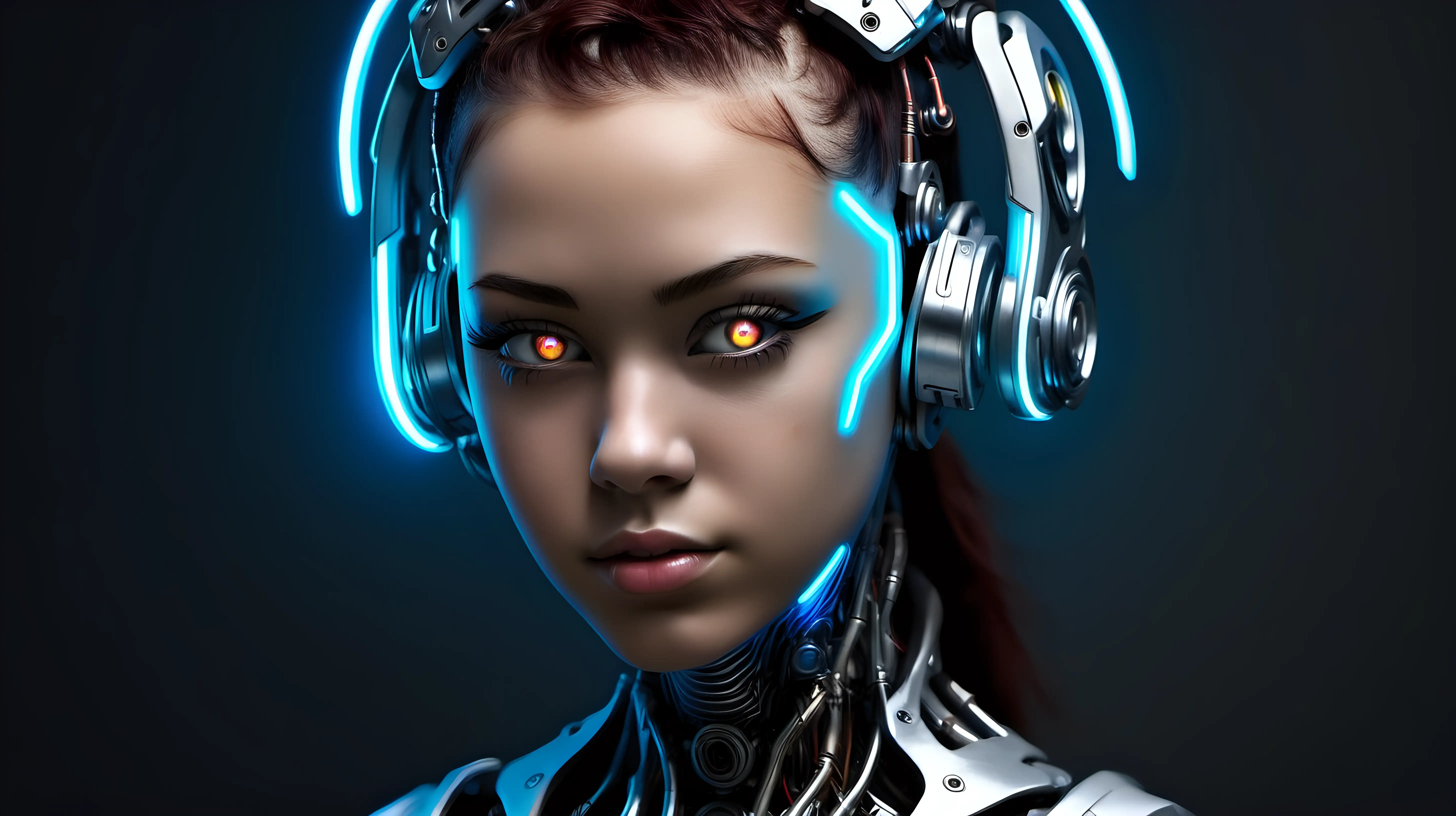 Cyborg woman, 18 years old. She has a cyborg face, but she is extremely beautiful.  She has beautifully-shaped ears. A little bit of neon.