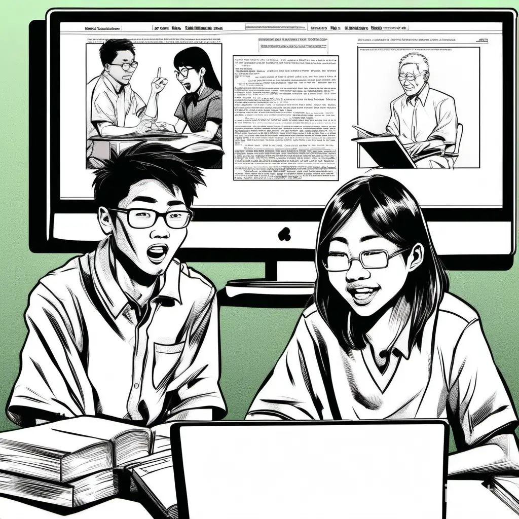 zoom tutoring two asian students by two older students, comic style
