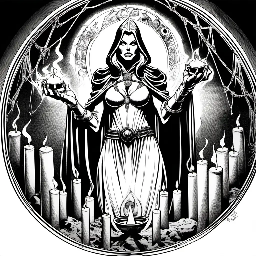 comic line art, beautiful sorceress, performing a dark ritual, candles, magic circle, exaggerated expression, wide shot, vintage black and white ink, 2bit vector, high contrast, heavy lines, thick lines, visible crosshatch, black frame, lowres, abstract, low detail, fantasy, style of classic ADD, by Jeff Dee, by Erol Otus, by Larry Elmore, by Jeff Easley,