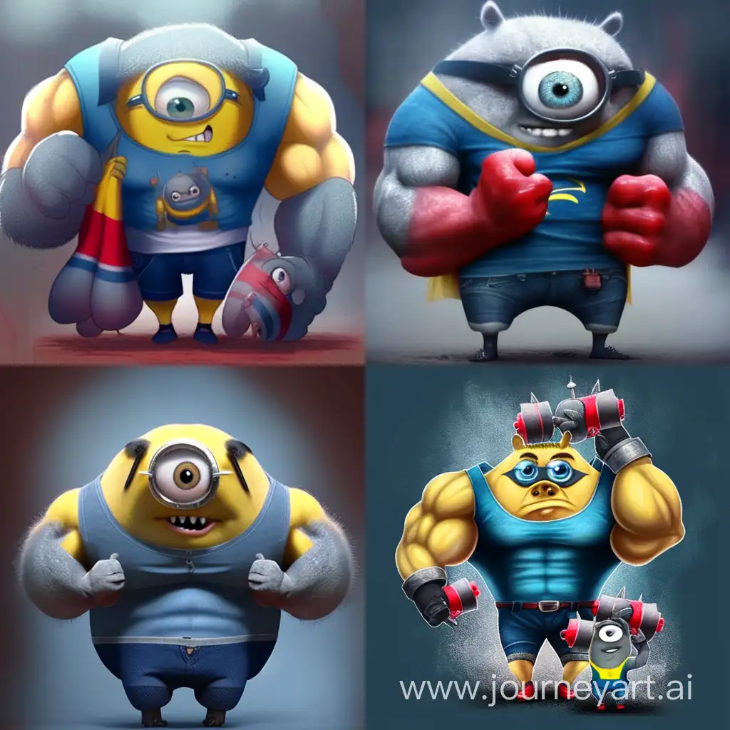 Create very big and strong and buffed minion, that holds in hands two little scared pigs. Minion should have T-Shirt in russian tricolor (white, blue, red) and with three single letters on his T-Shirt - SVO.

Minion should be very strong, big and buffed with big muscles.