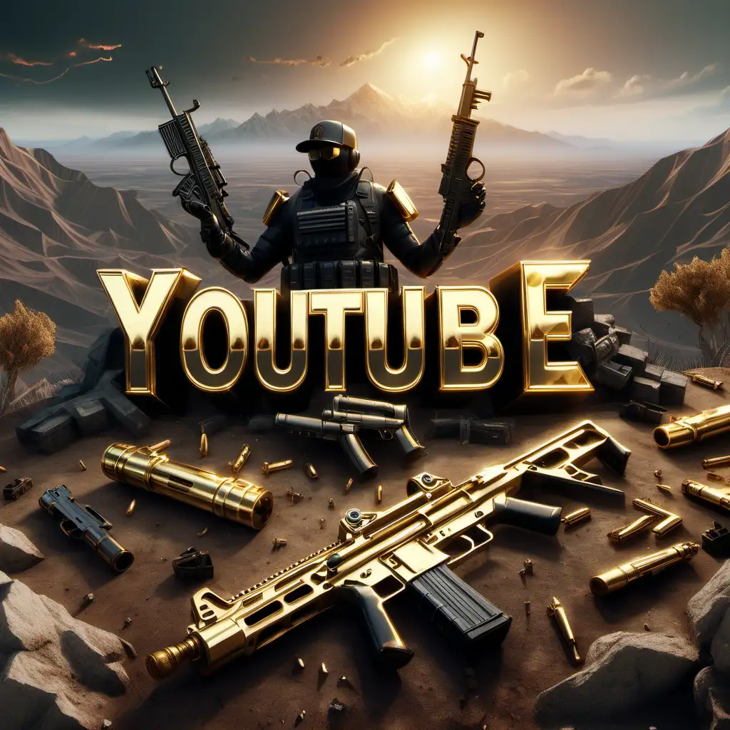 Create a logo of text " Youtube XOX" made of elegant gold behind Guns and Granides ." Youtube XOX" text in front of Pubg game and mountain demonic realistic , epic royal background,, royal jewelry, robotic, nature, full shot, symmetrical, Greg Rutkowski, Charlie Bowater, Beeple, Unreal 5, hyperrealistic, dynamic lighting, fantasy ar