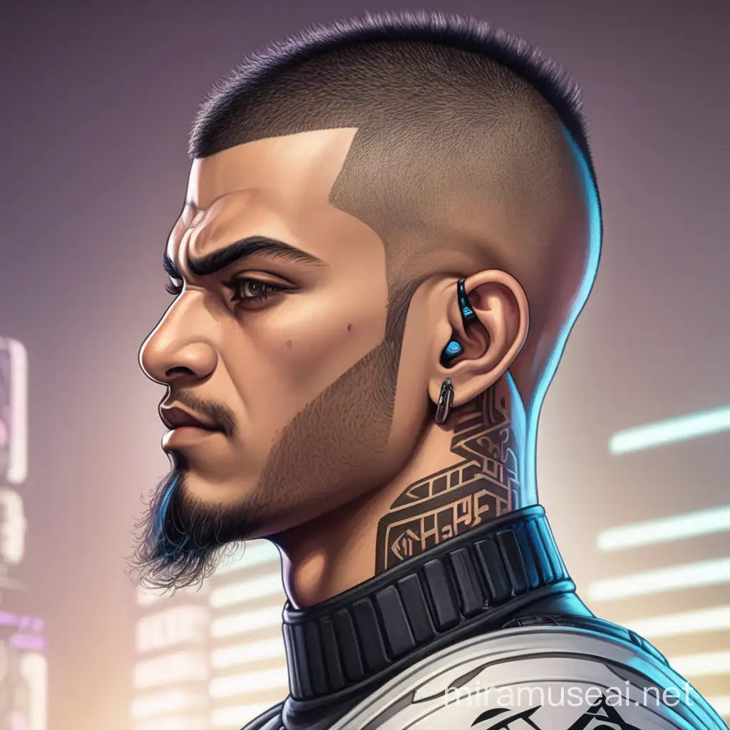 Arabic Male MMA Fighter with Buzz Haircut in Cyberpunk Style