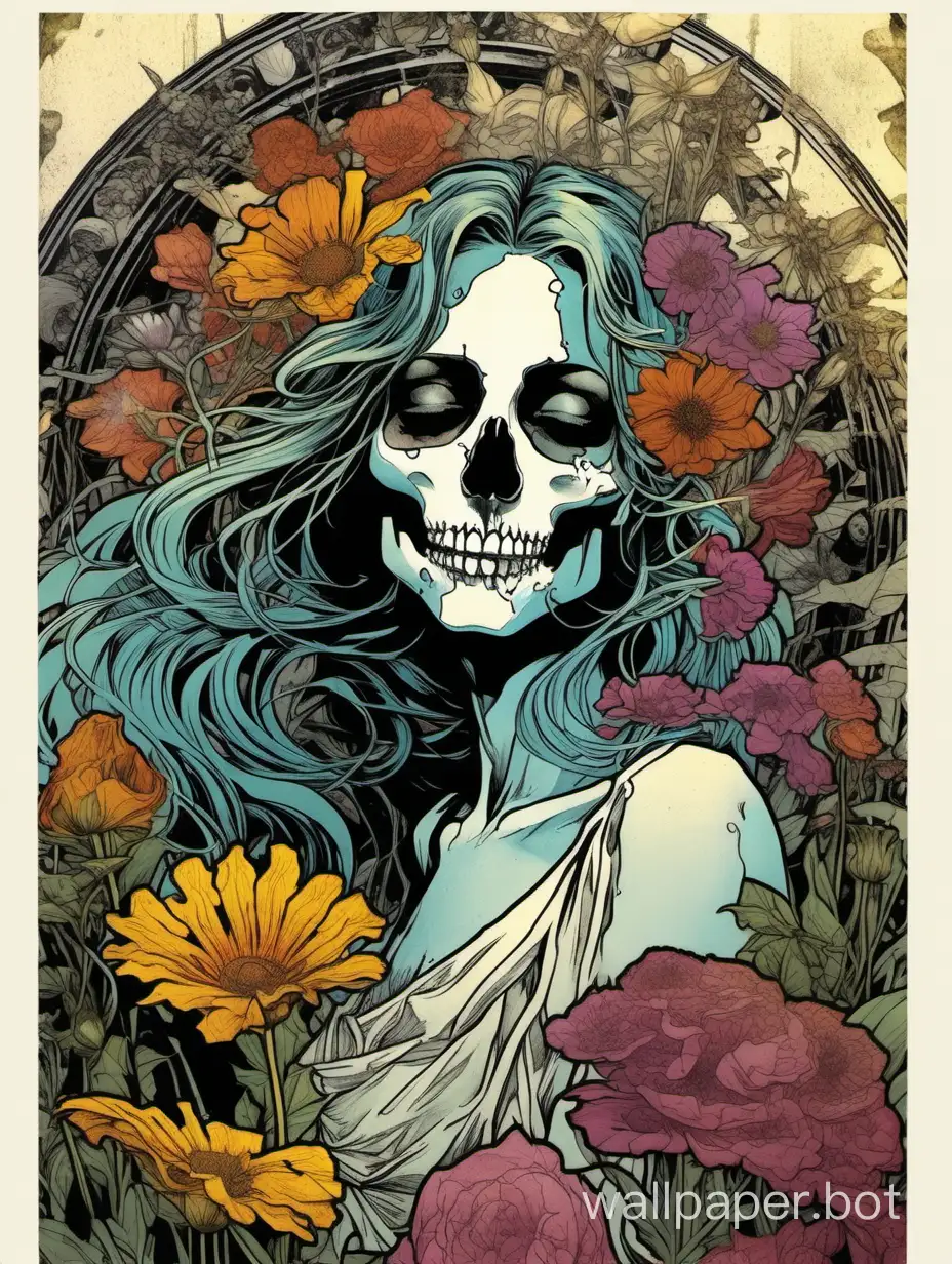 motley, skull face ,   closed eyes, assimetrical, alphonse mucha poster, explosive wild flowers dripping paint, comic book, high textured paper, hiperdetailed lineart , black water , hypercolored, sticker art