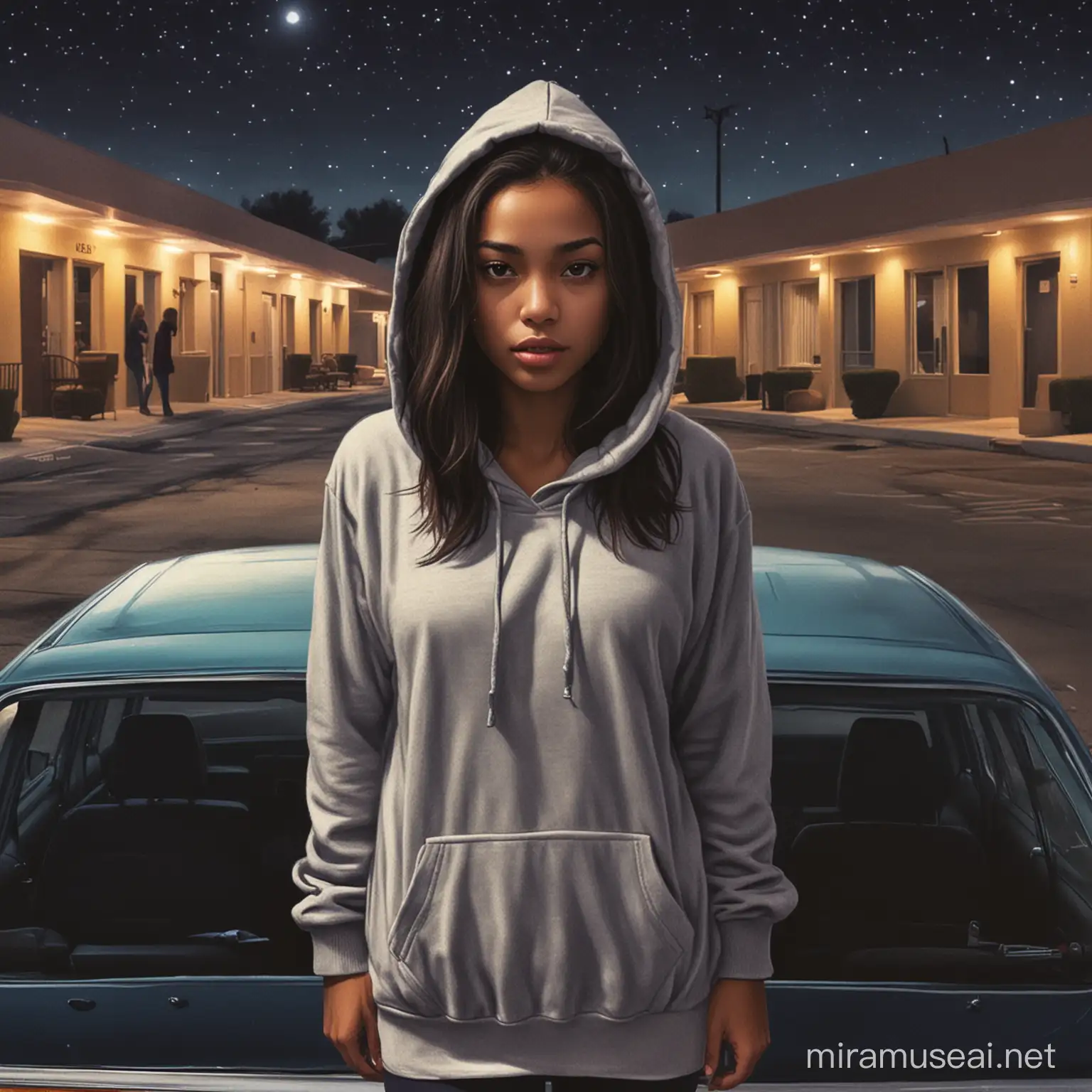 For a mystery book cover, please show a seedy motel at night. A young girl being led from a car with her back facing the viewer in the center of the frame. Please show the young woman in a hoodie, not sexy, being dragged from a car into the motel. women is mixed race. Back is to the viewer so you can't see her face
