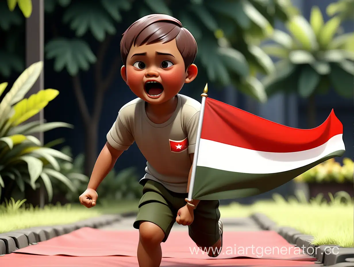 seorang anak laki-laki indonesia usia 10 tahun , berbadan gendut, berwajah ganteng dengan rambut cepak sedang belajar terbang, menggunakan bendera "indonesia" suasana banyak orang terkejut