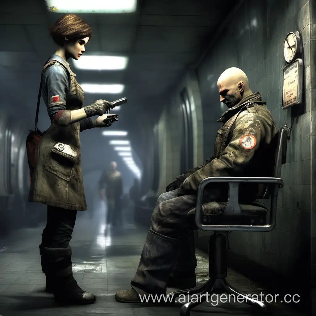 metro 2033 game, hairdresser woman in metro station, make haircut bald for man, clipper