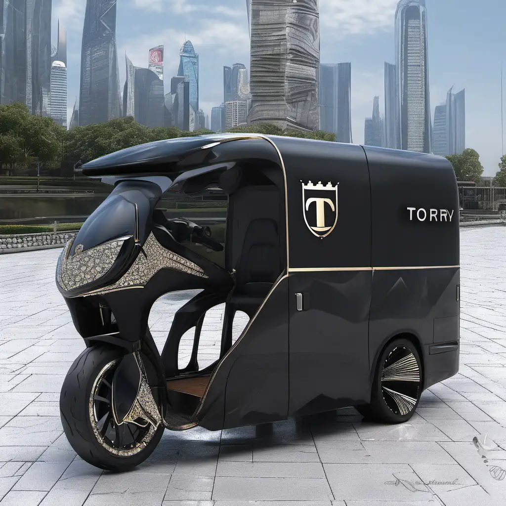 design the vehicle in this photo to be with luxury  vibes, metal sparkling colors, female oriented. 
add logo on the rear part with the name  "Tory"