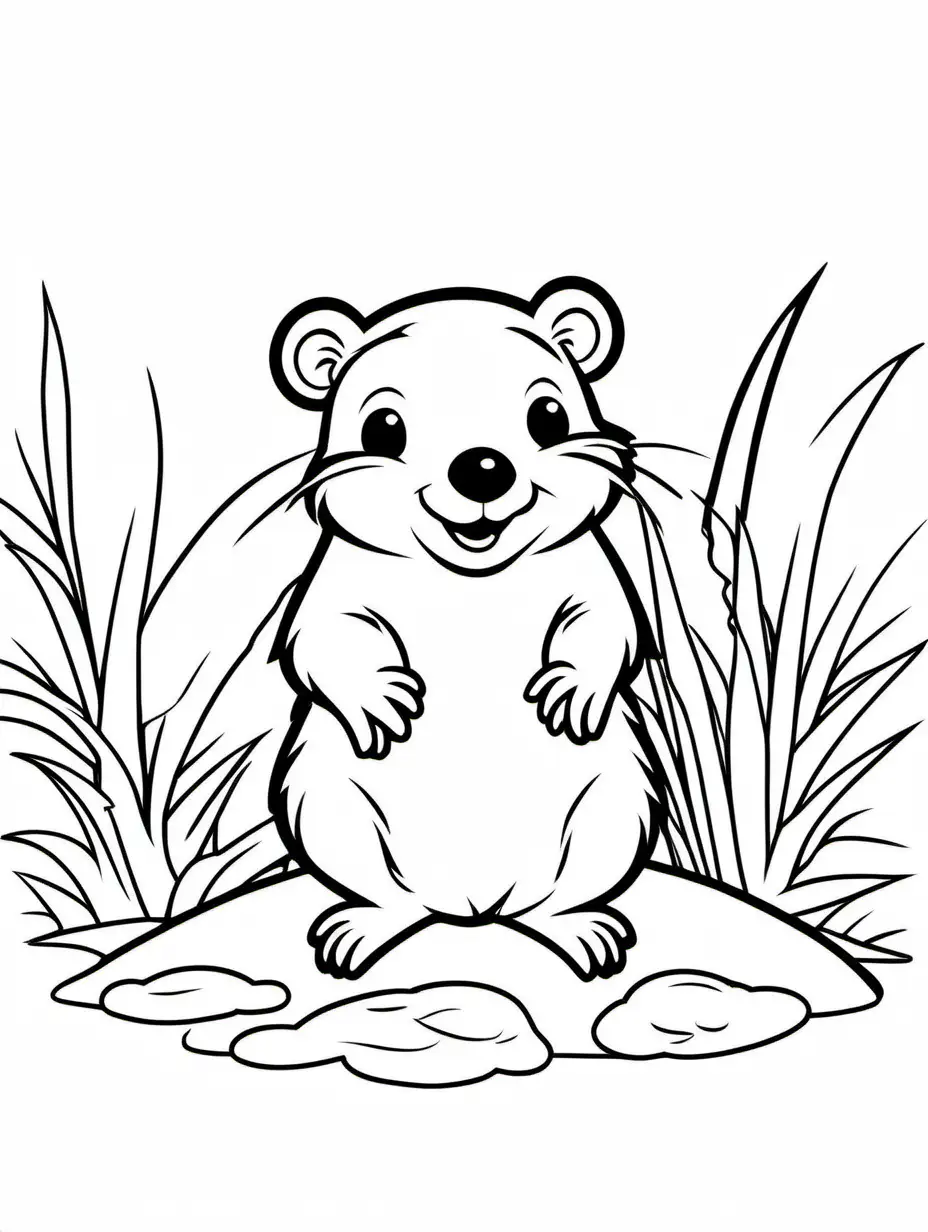 baby beaver, Coloring Page, black and white, line art, white background, Simplicity, Ample White Space. The background of the coloring page is plain white to make it easy for young children to color within the lines. The outlines of all the subjects are easy to distinguish, making it simple for kids to color without too much difficulty