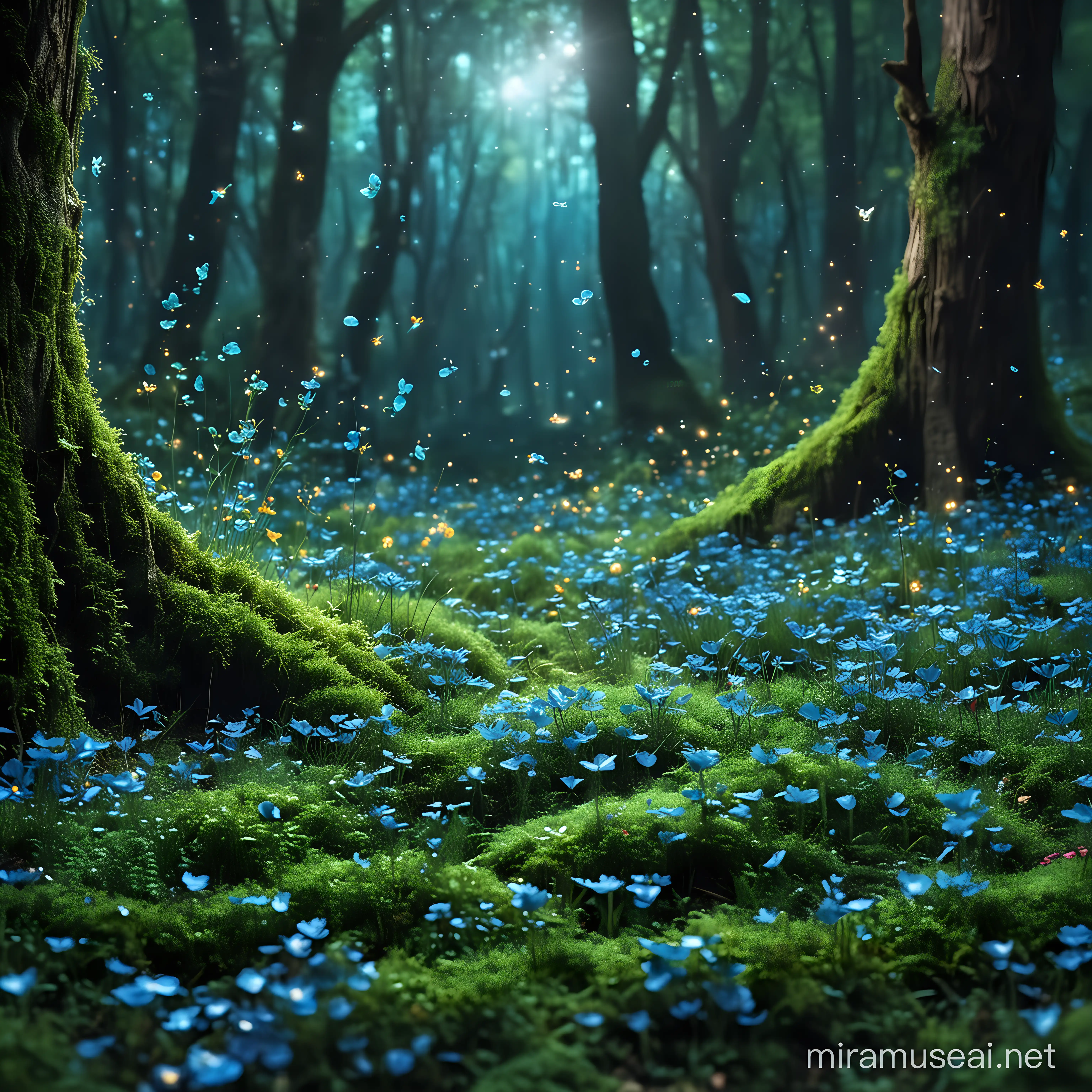 Whimsical Enchanted Forest with Vibrant Flowers and Glowing Fairies